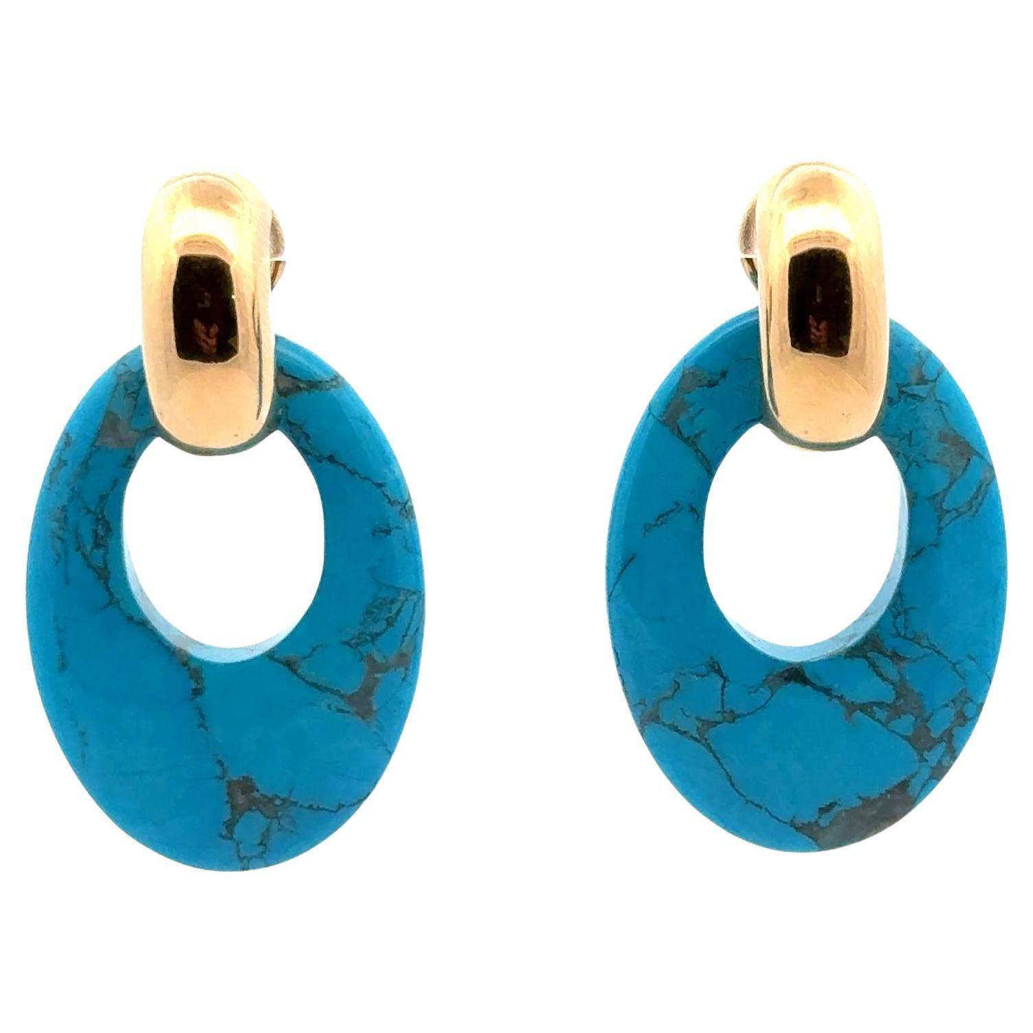 Interchangeable Turquoise Onyx Tiger's Eye 14KY Door Knocker Vintage Earrings For Sale