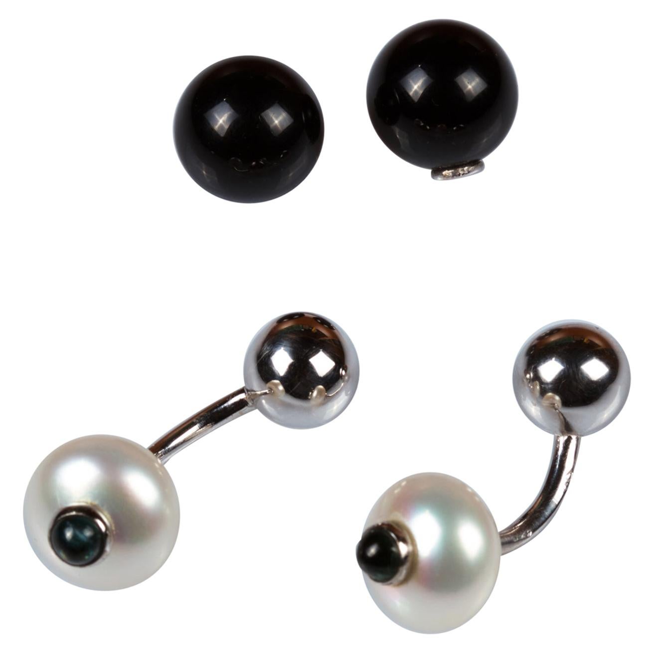 Interchangeable White Gold 18k Cufflinks, Pearl and Sapphire, Onyx For Sale