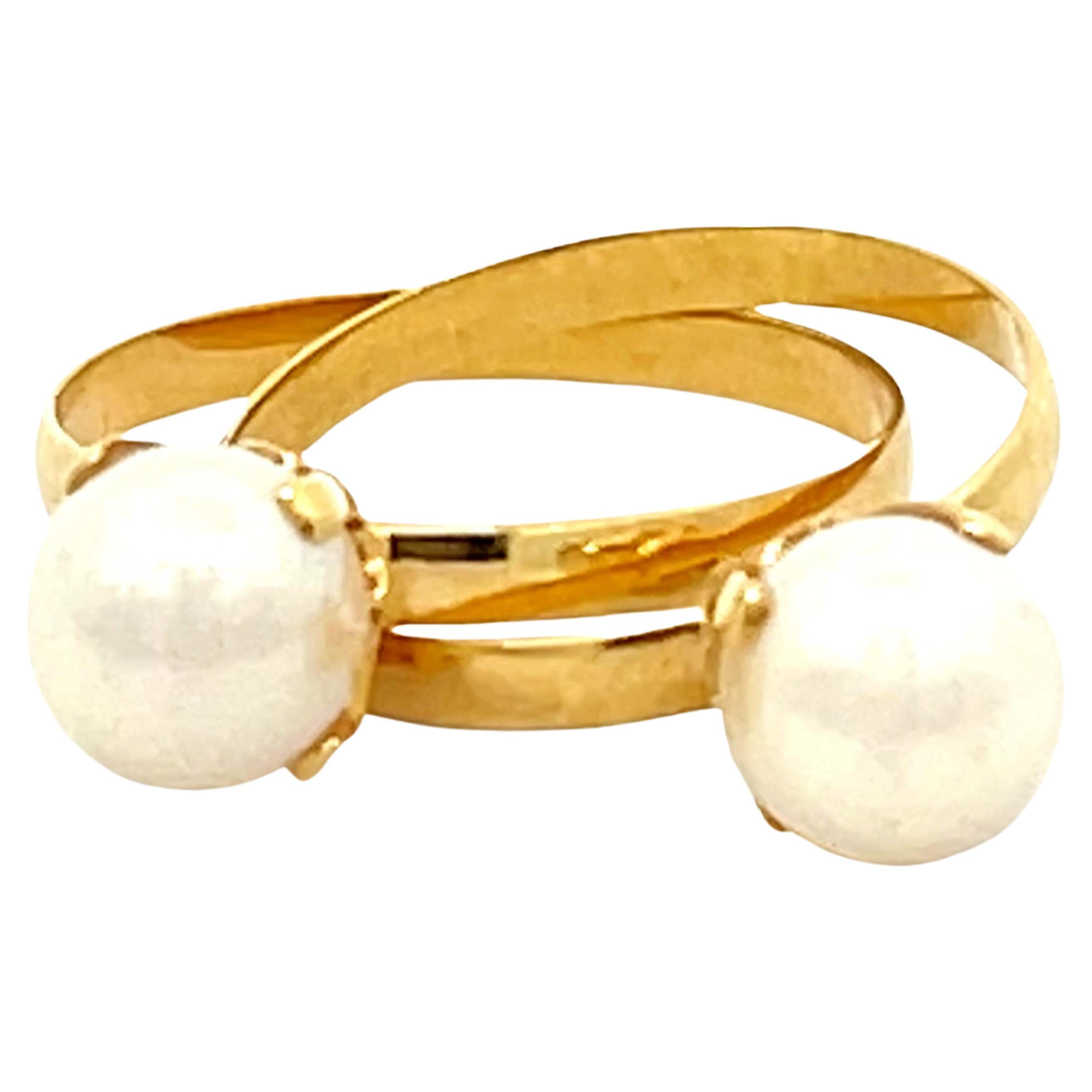 Interconnected Double Pearl Ring 18k Yellow Gold For Sale