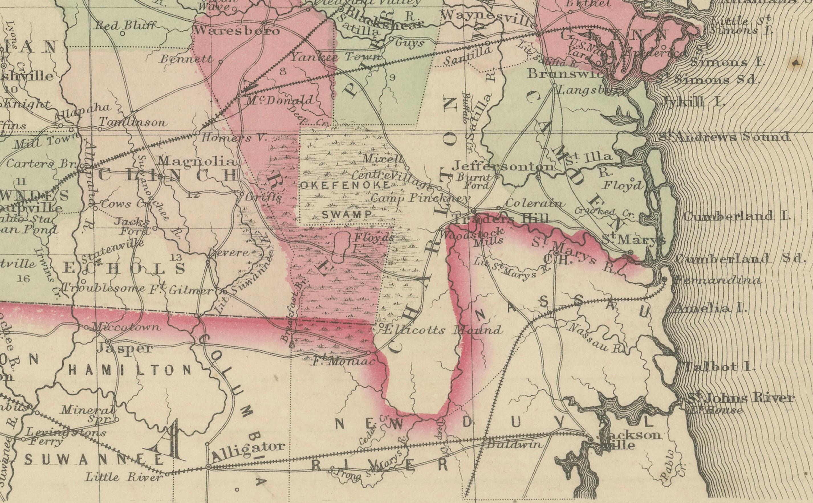 Titre : Carte de l'époque de la guerre civile de 1864 de la Floride avec détails de la côte du golfe du Mexique

Description : Cette captivante carte ancienne, intitulée 