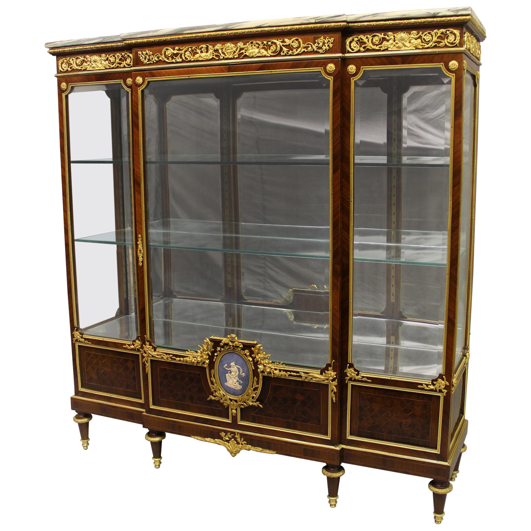Interesting 19th Century Gilt Bronze and Wedgwood Mounted Parquetry Vitrine For Sale