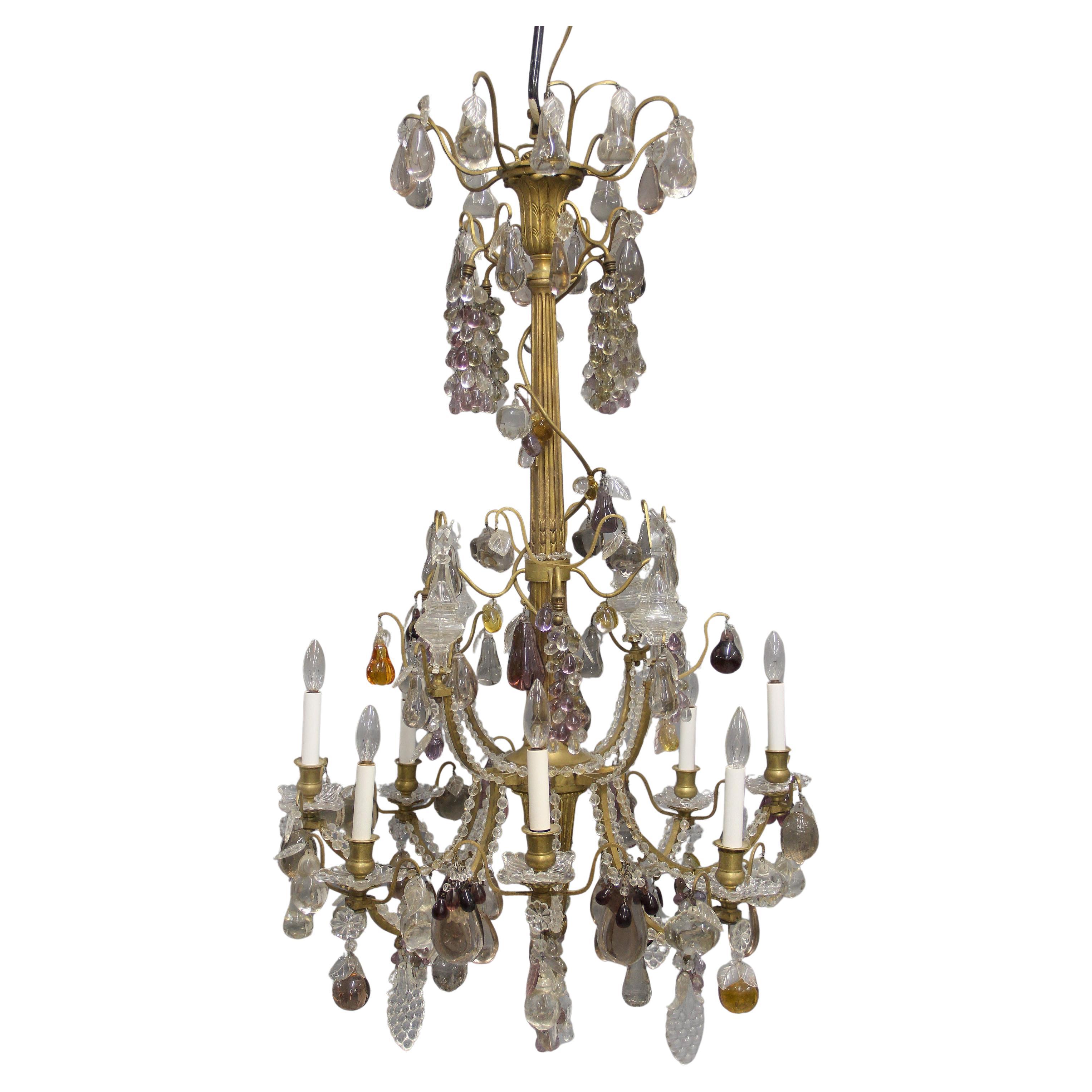 Interesting 19th Century Giltwood, Gilt Bronze and Fruit Crystal Chandelier For Sale