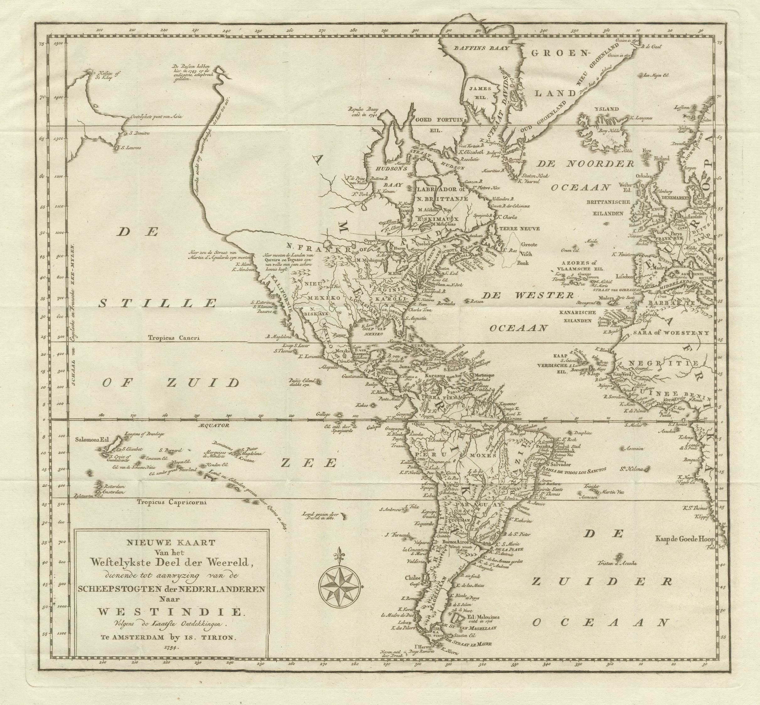 Antique map titled 'Nieuwe Kaart van het Westelykste Deel der Weereld, dienende tot aanwyzing van de Scheepstogten der Nederlanderen naar Westindie'. Excellent map of America, featuring an unusual northwest coast of America, which includes Martin