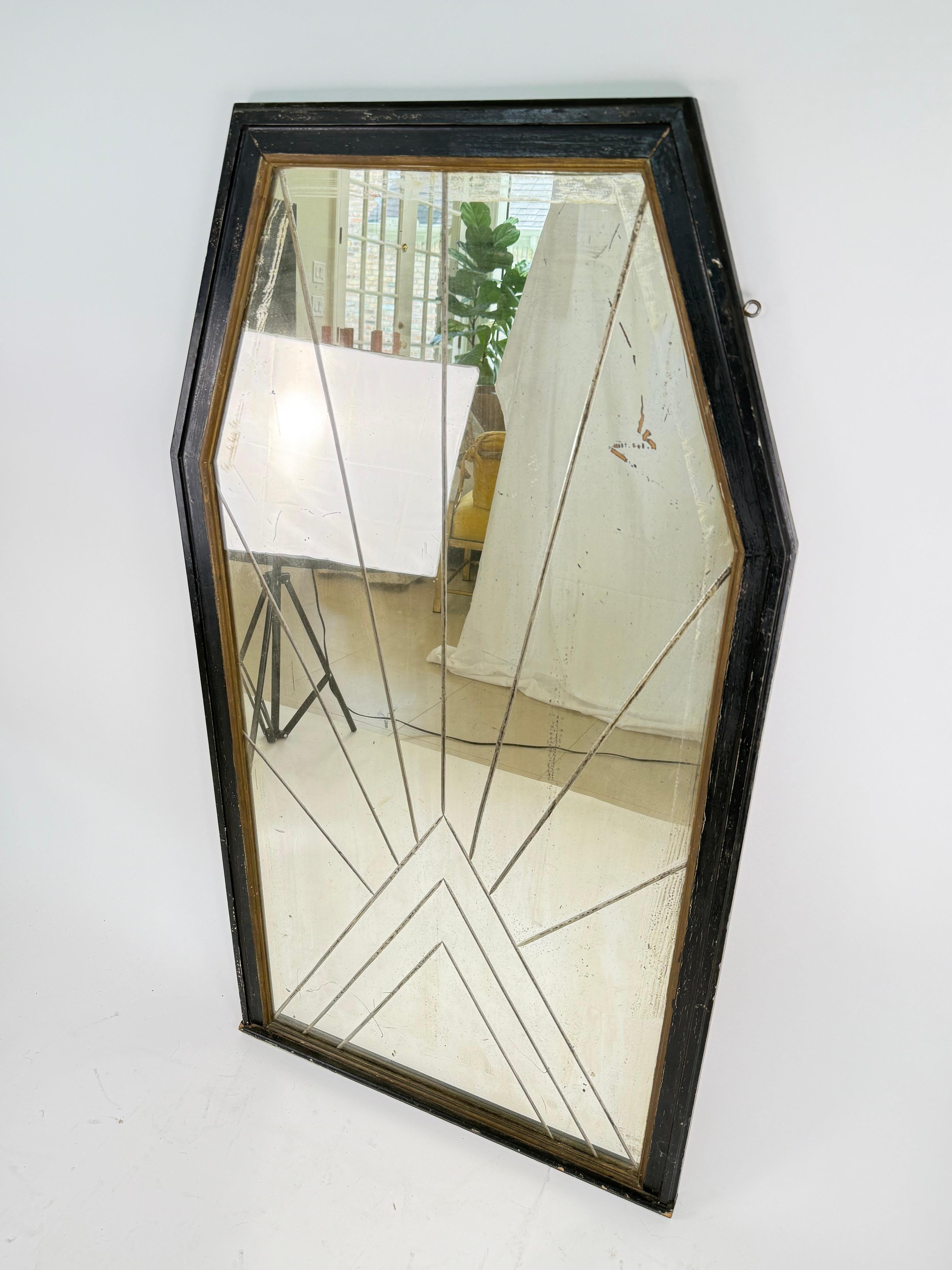 Unknown interesting and Unusual Art Deco Mirror with etched geometric lines For Sale