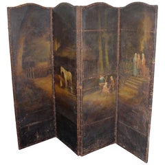 Interesting Antique Hand-Painted Four Fold Leather Bound Dressing Screen