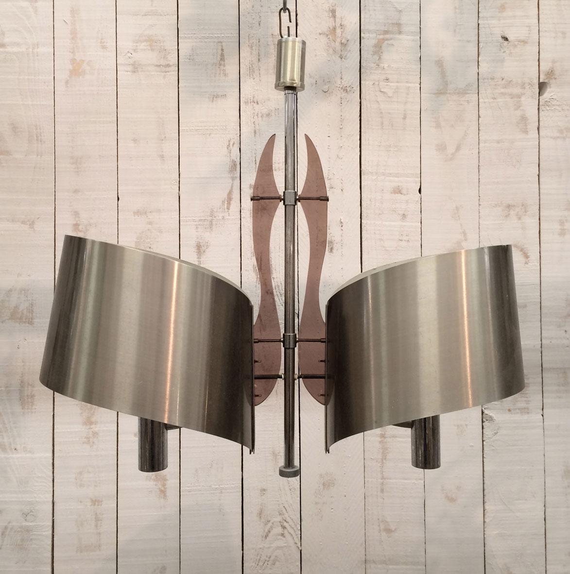 Interesting Brushed Steel and Lucite Chandelier, French Work by Maison Charles For Sale 4