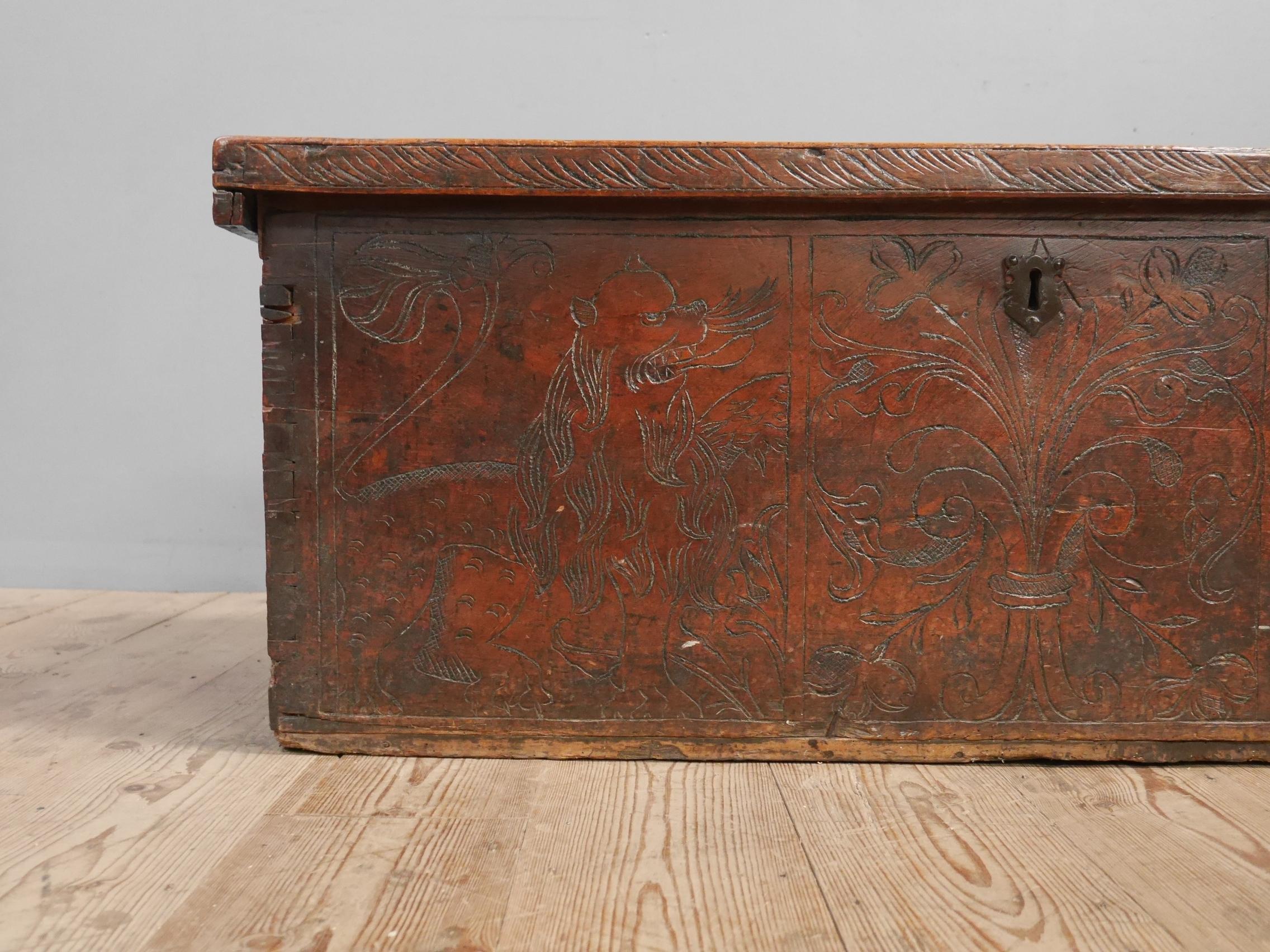 Joinery Interesting Carved Italian Cedar Coffer c1670 For Sale