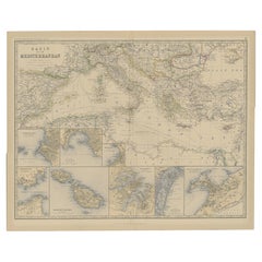 Interesting Detailed Antique Map of Region Around The Mediterranean Sea, 1882