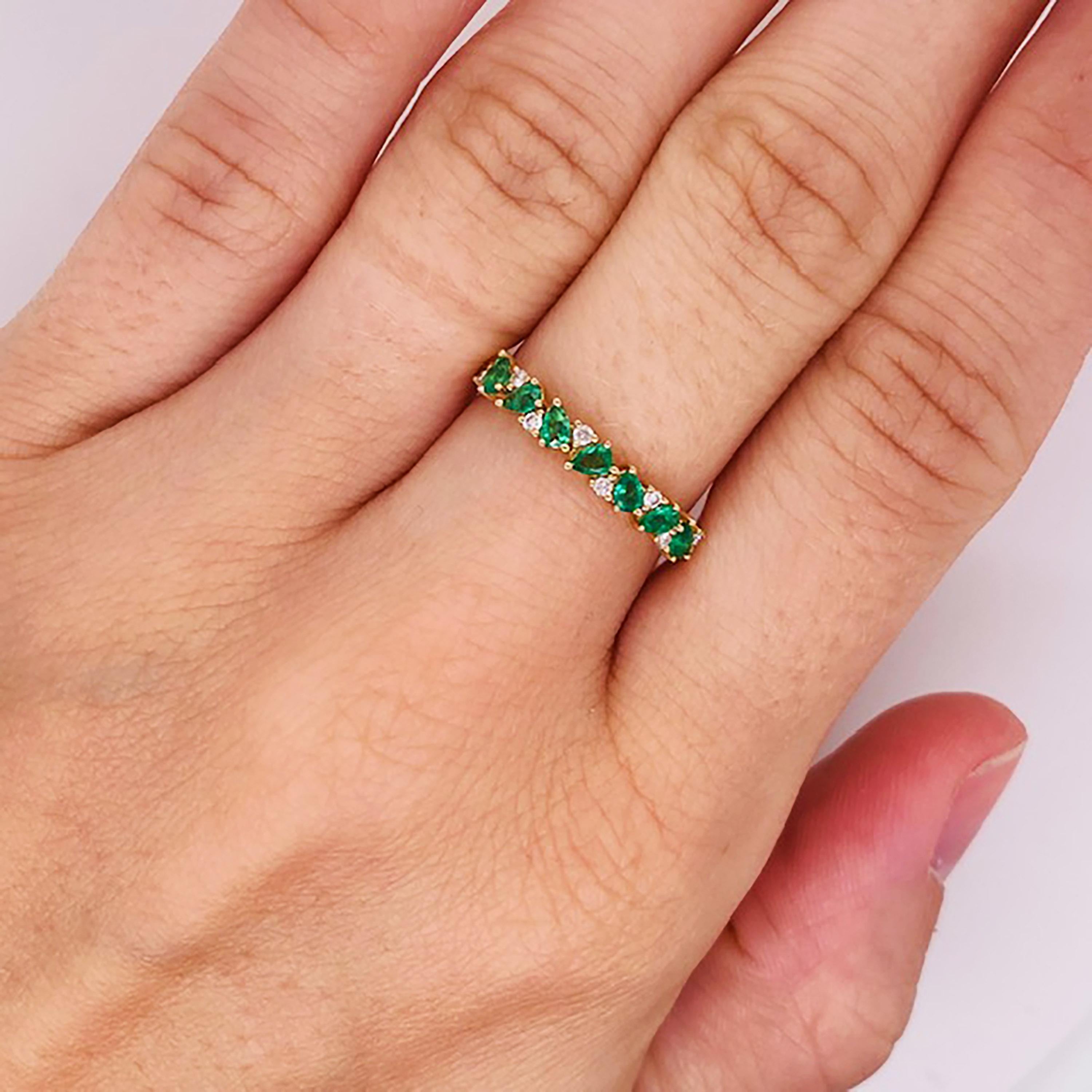 For Sale:  Interesting Emerald Diamond Stackable Band 14K Gold Pear Shape Emerald .50 CT 2