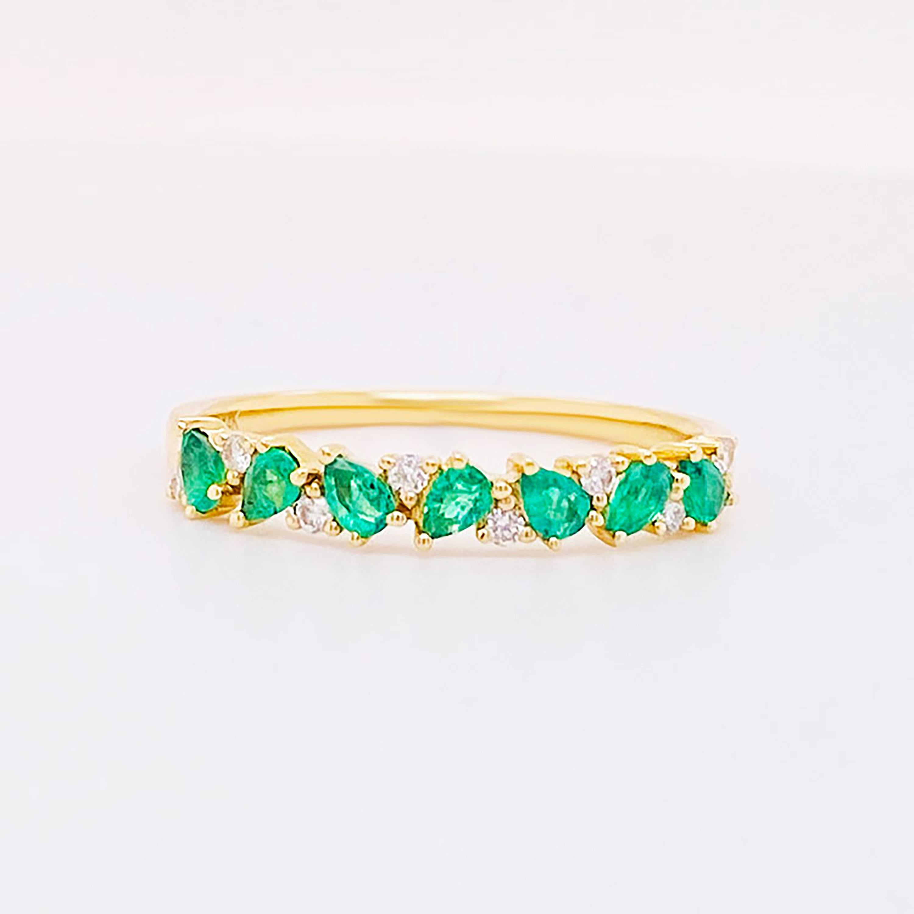 For Sale:  Interesting Emerald Diamond Stackable Band 14K Gold Pear Shape Emerald .50 CT 3