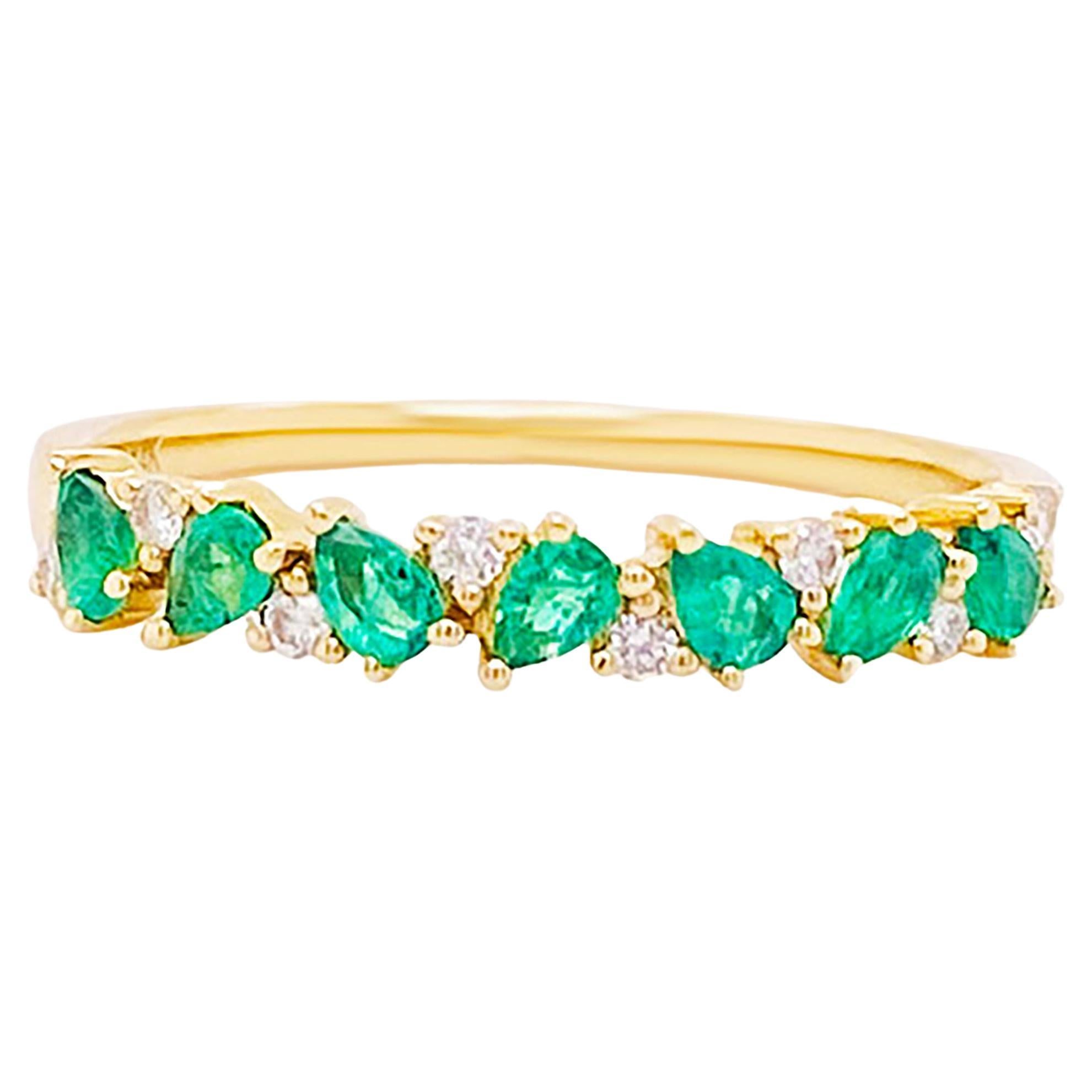 For Sale:  Interesting Emerald Diamond Stackable Band 14K Gold Pear Shape Emerald .50 CT