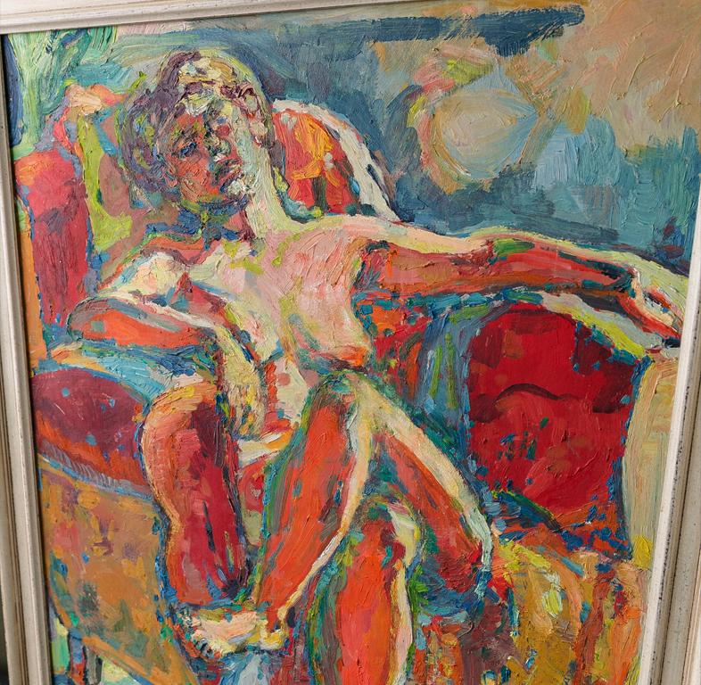 Other  Colorful Reclining Nude in Chair Painting in Impressionistic Style 