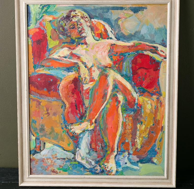 Hand-Painted  Colorful Reclining Nude in Chair Painting in Impressionistic Style 