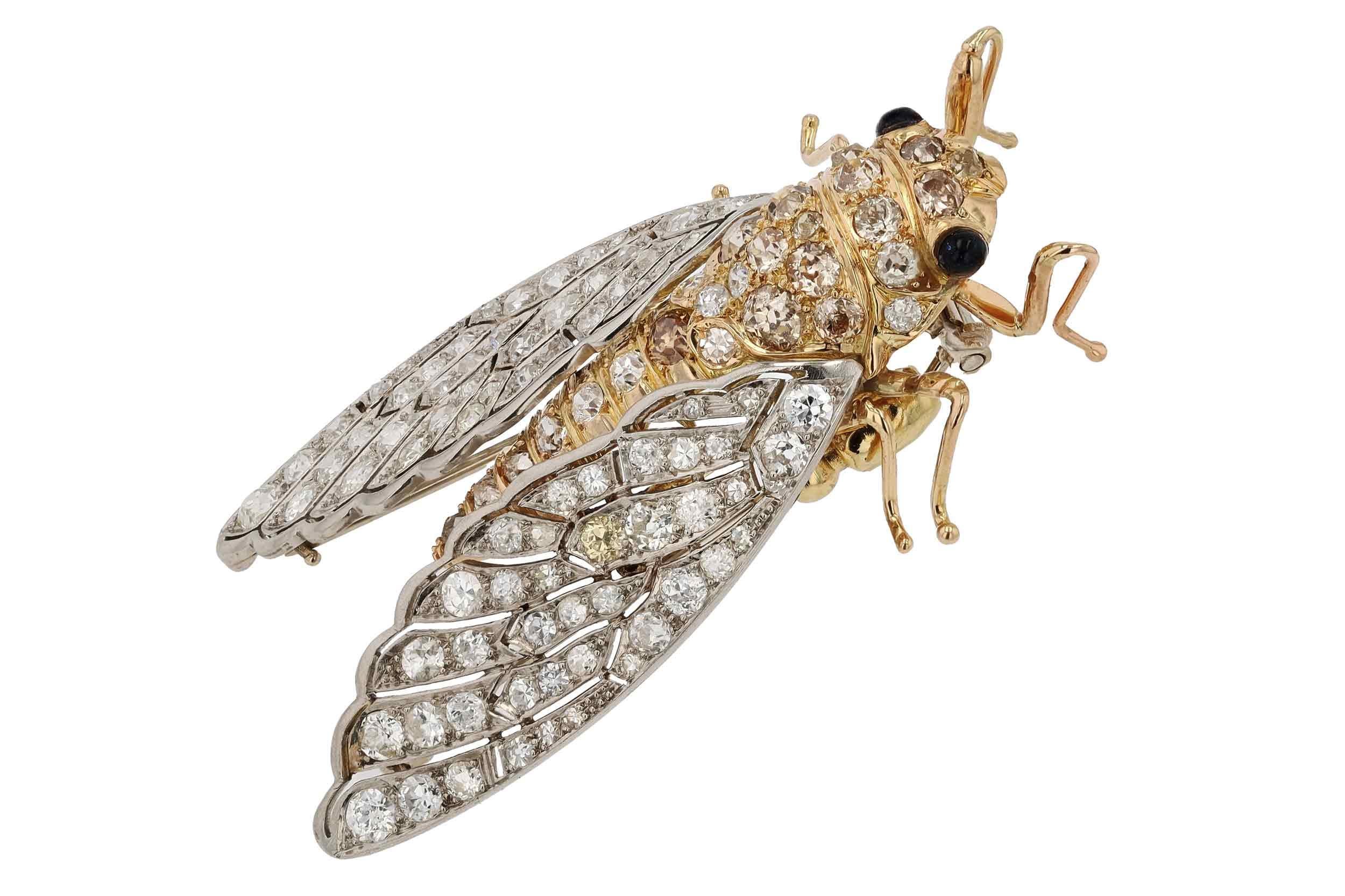 Round Cut Interesting Insect Cicada Diamond Brooch Pin For Sale