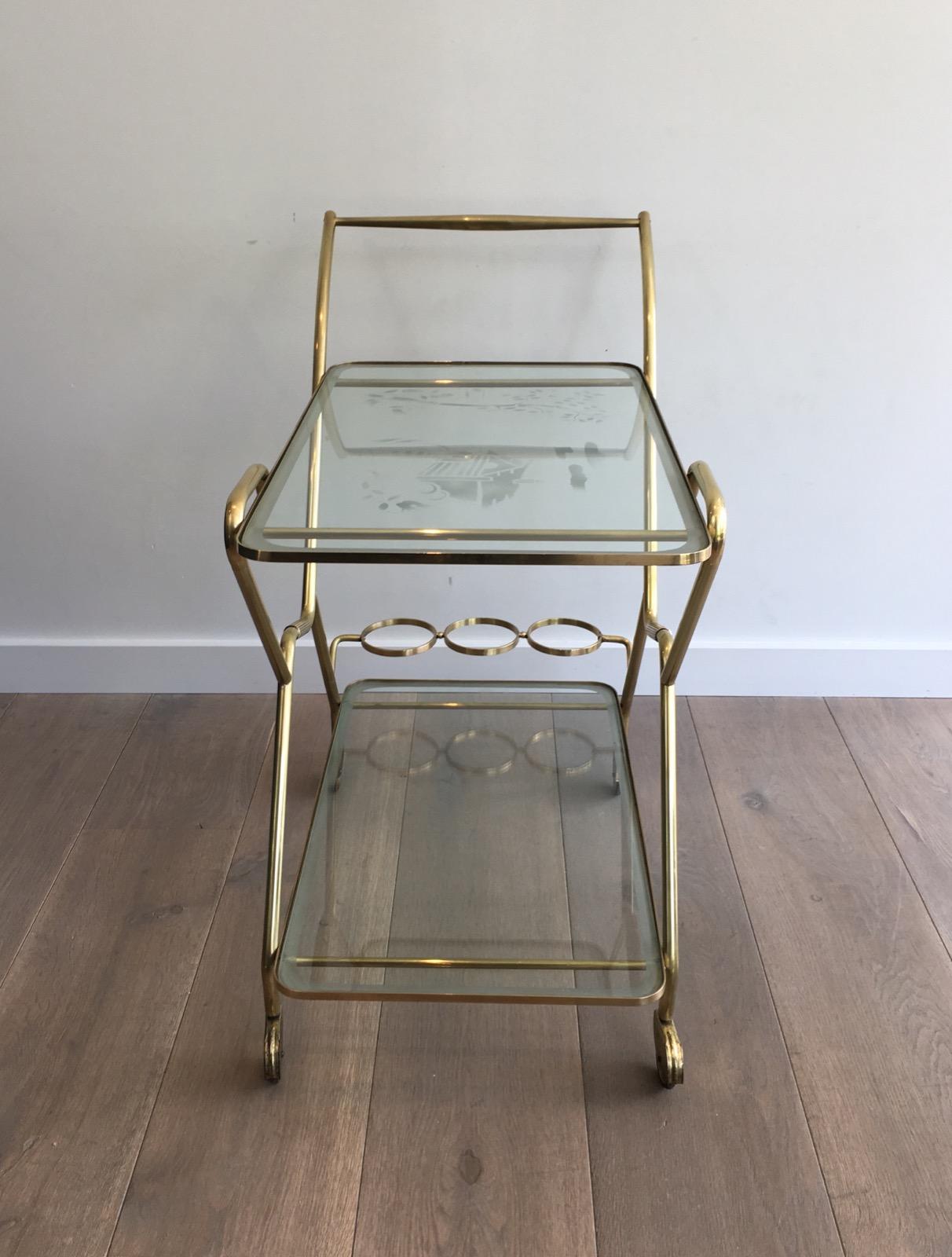 Interesting Italian Design Brass and Engraved Glass Drinks Trolley, circa 1950 For Sale 7