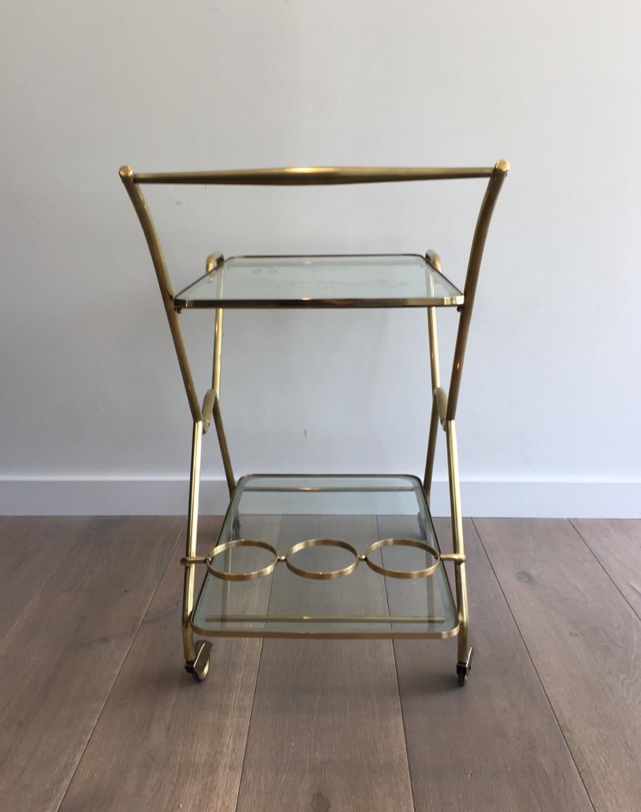 Interesting Italian Design Brass and Engraved Glass Drinks Trolley, circa 1950 For Sale 13