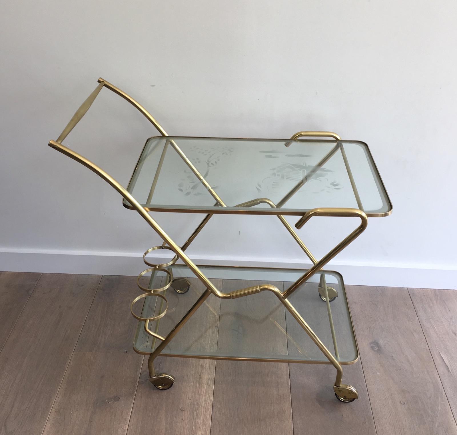 Interesting Italian Design Brass and Engraved Glass Drinks Trolley, circa 1950 For Sale 14