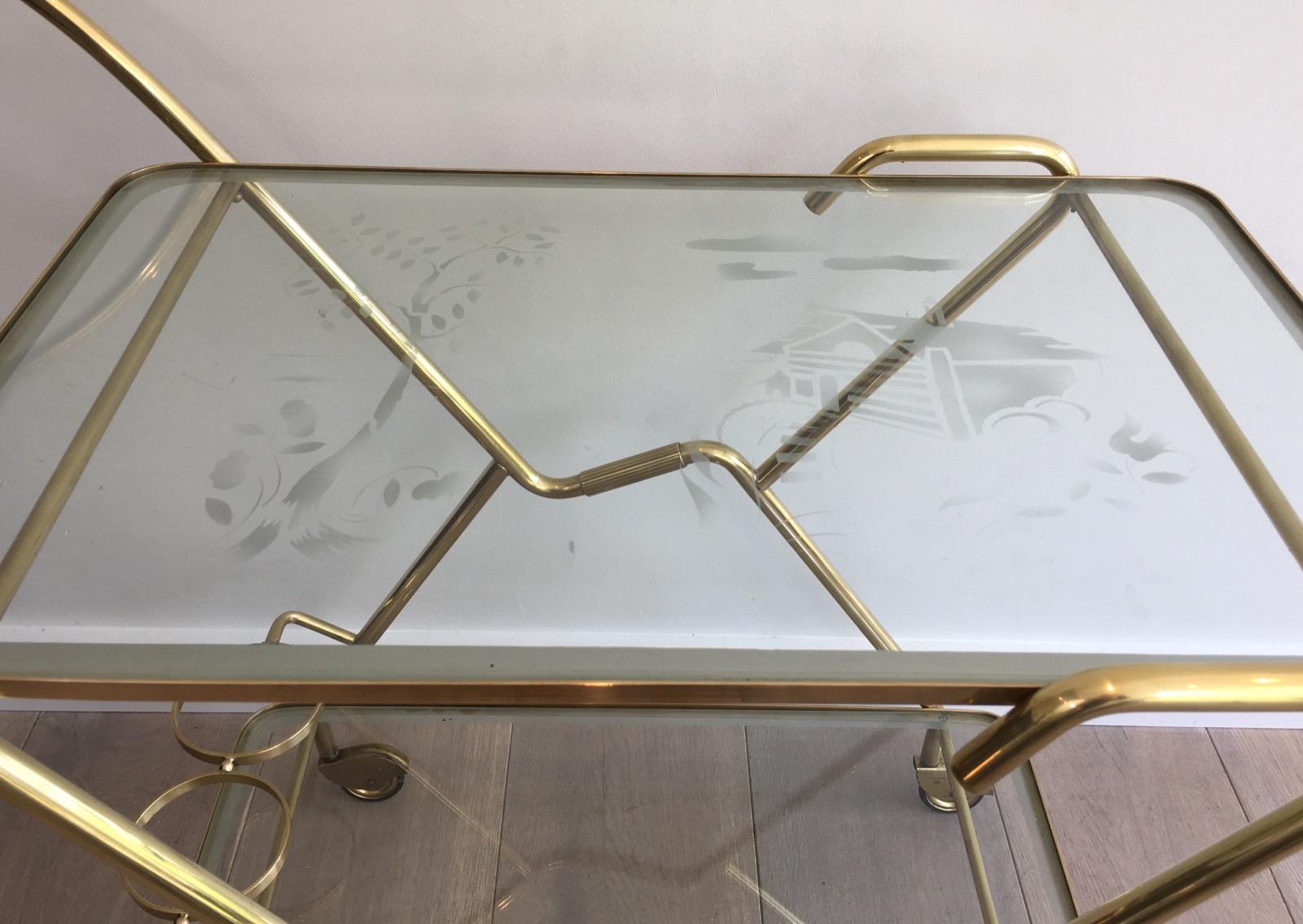 Mid-20th Century Interesting Italian Design Brass and Engraved Glass Drinks Trolley, circa 1950 For Sale