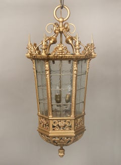 Interesting Late 19th Century Gilt Bronze and Rippled Glass Gothic Lantern