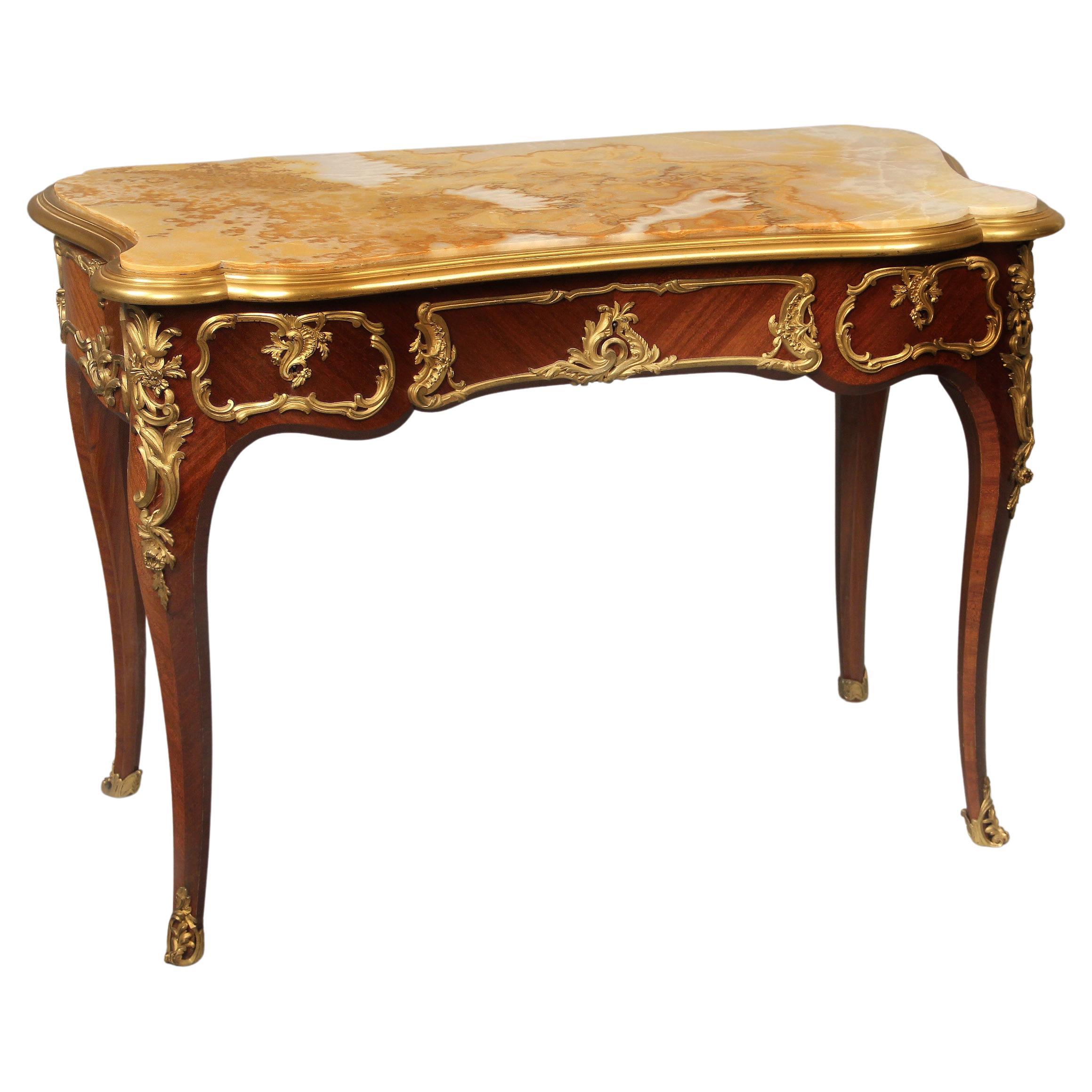 Interesting Late 19th Century Gilt Bronze Mounted Onyx Top Table By Henry Dasson For Sale