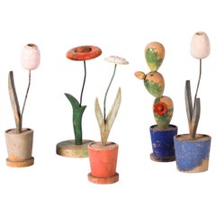 Interesting Lot of Five Wooden Toy Plants by Gertrude Bartl, Vienna, 1930s