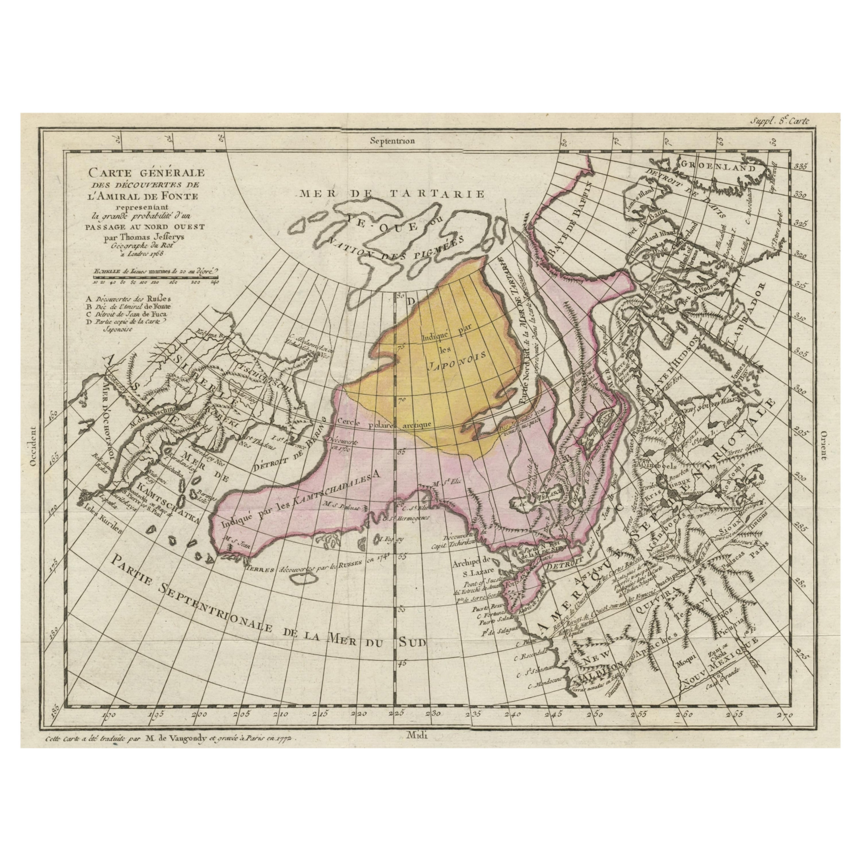 Carte ancienne de la côte ouest de l'Amérique et de la côte ouest de l'Asie, vers 1772