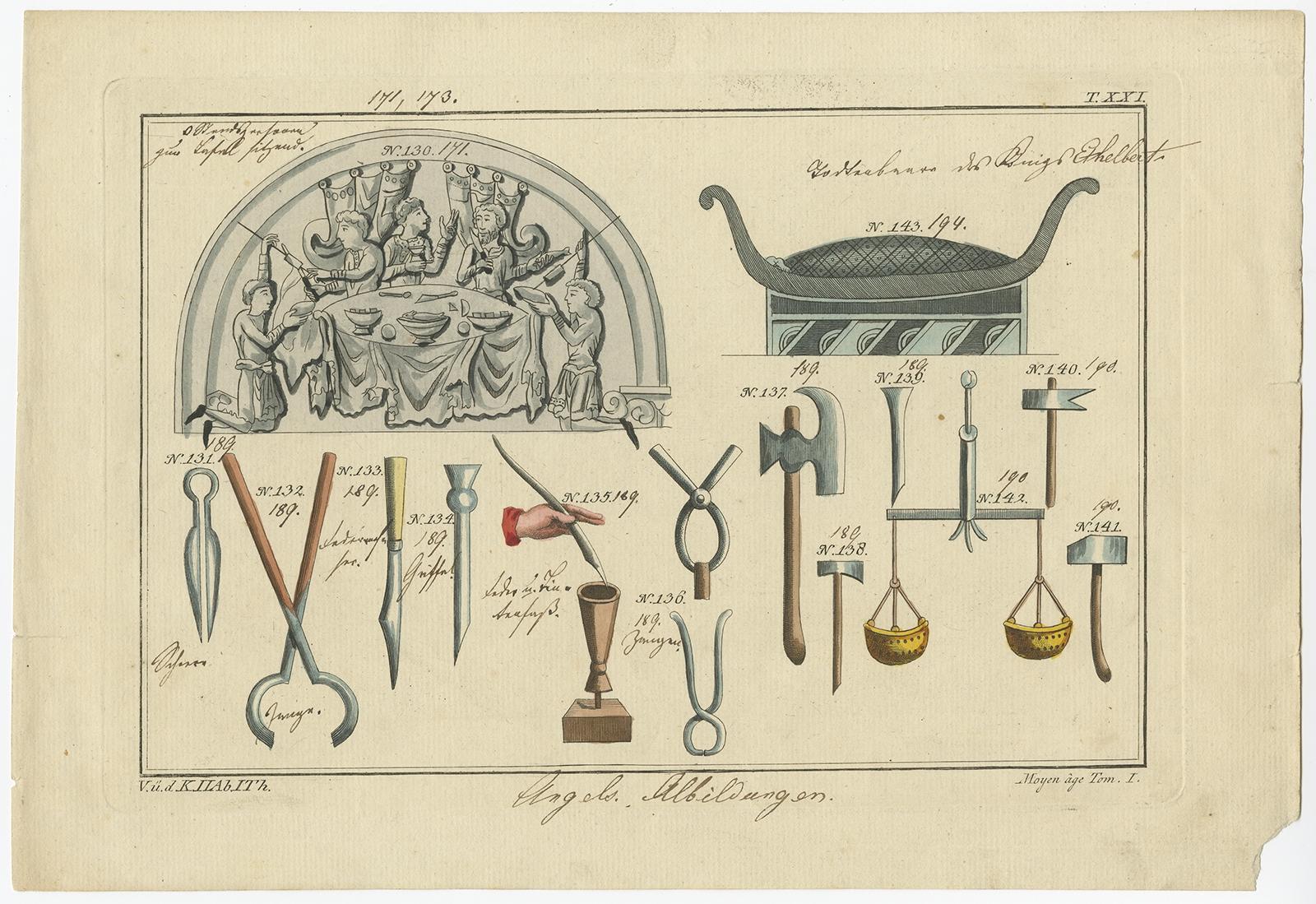 Untitled print of Anglo Saxon banquet, scissors, tongs, penknife, stylus, feather and inkwell, small pliers, carpenter's ax, hammers, balance and the funeral stretcher of King Ethelbert. 

This print originates from: Historical Picture of the