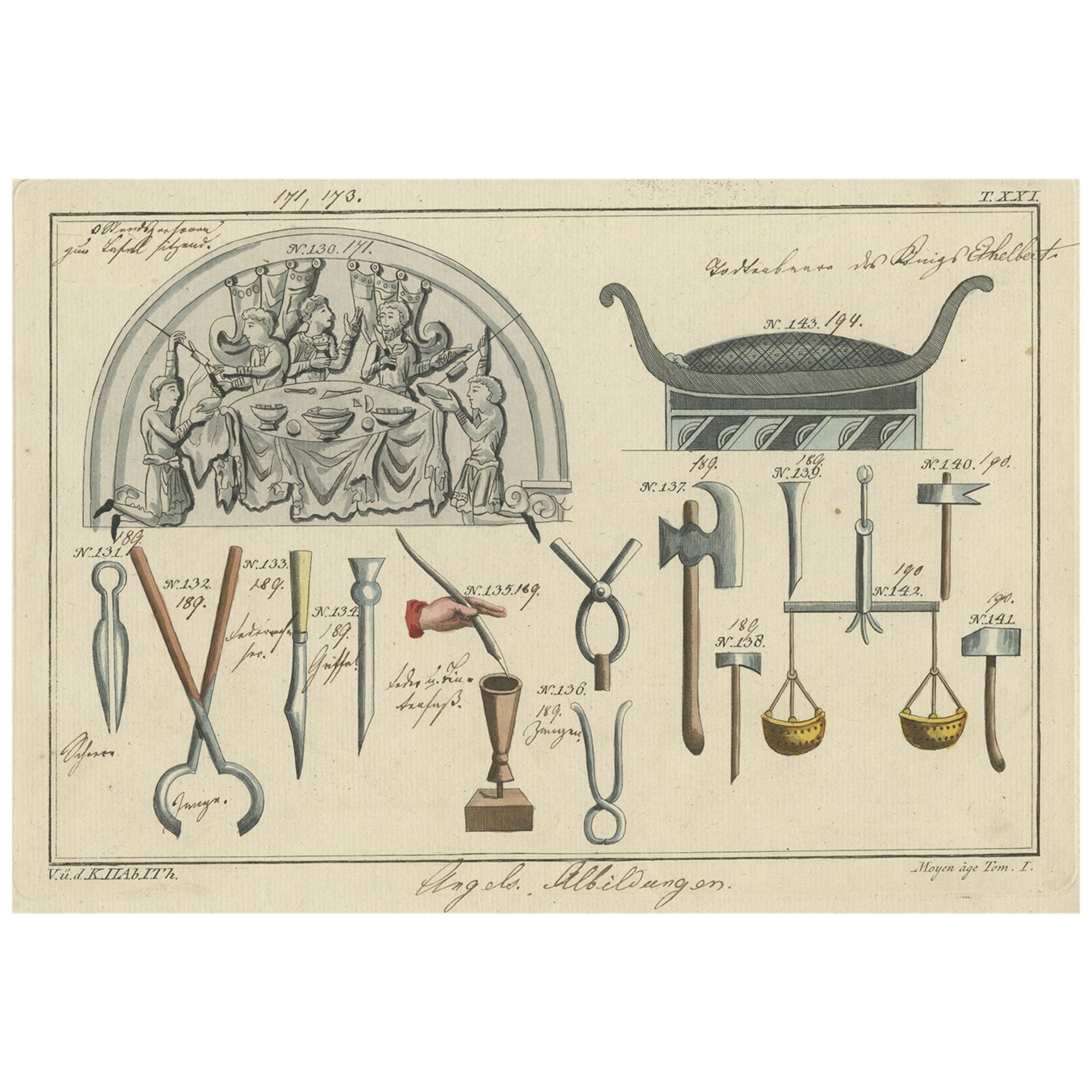 Intéressantes estampes anciennes d'ustensiles d'écriture et de menuisier et autres, 1810