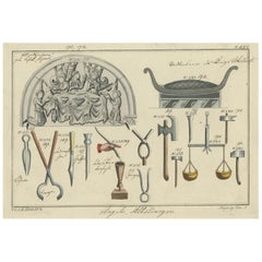 Intéressantes estampes anciennes d'ustensiles d'écriture et de menuisier et autres, 1810