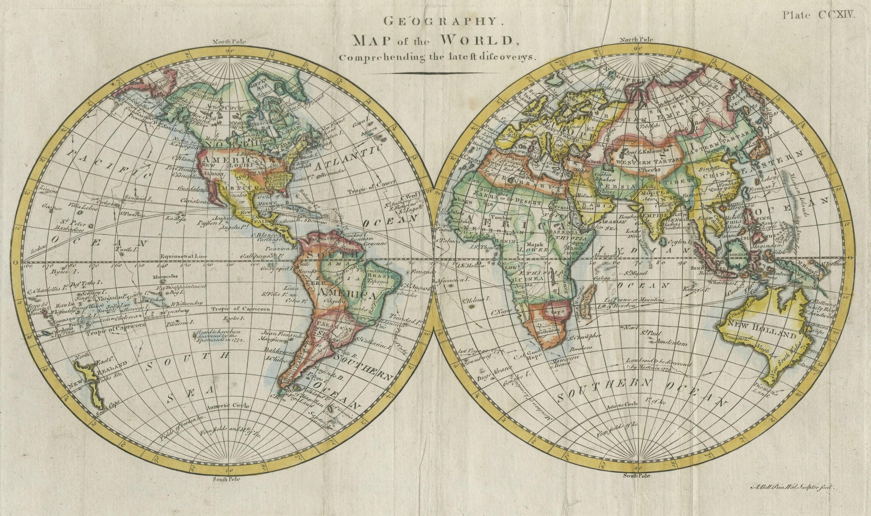 Antique world map titled 'A Map of the World from the best Authorities'. Detailed map of the World, showing tracks of Captain James Cook in his 3 voyages in great detail. The map is extensively annotated with information on the explorations of a
