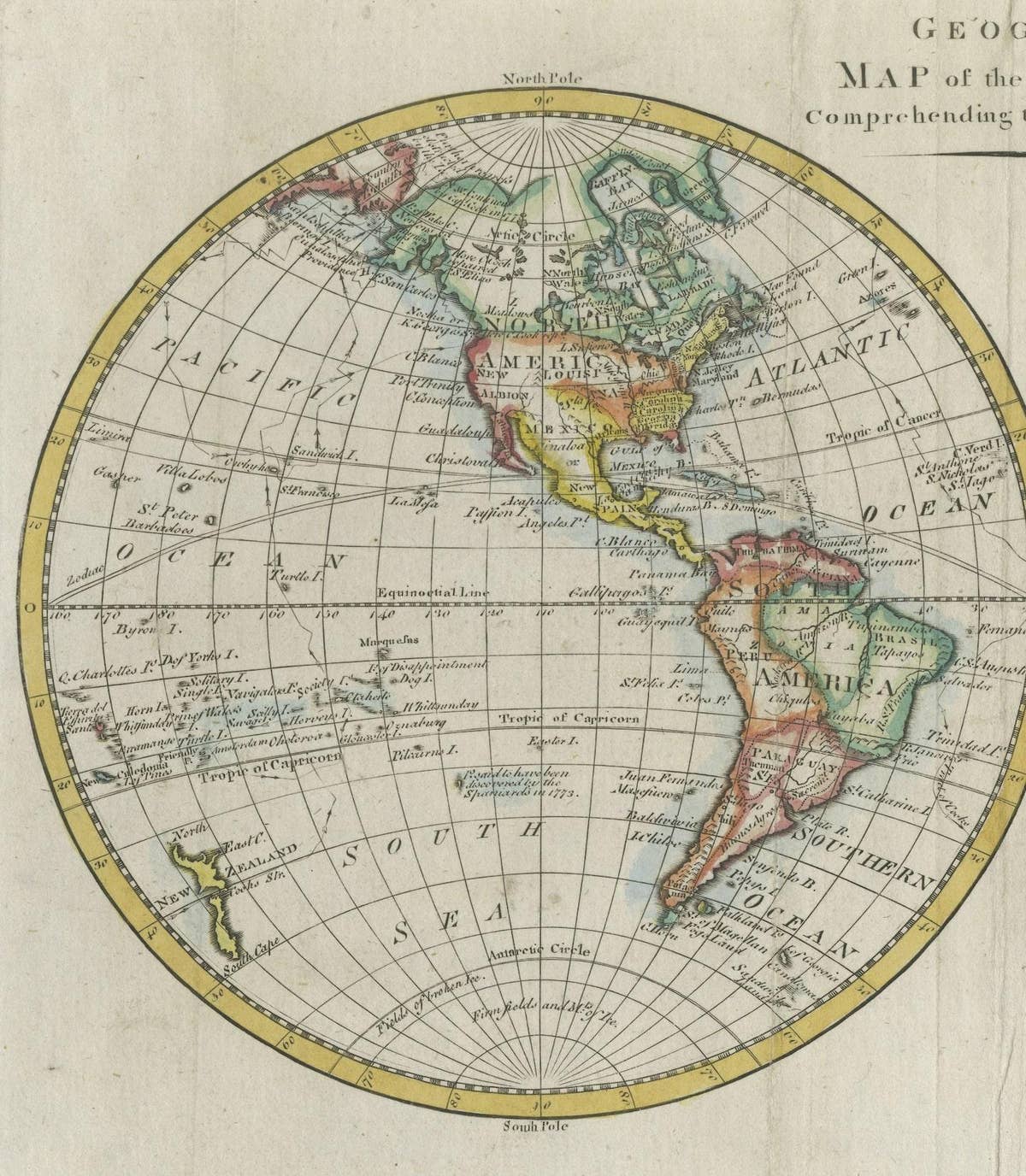Interesting Original Antique Hemisphere Map Showing the Latest Discoveries, 1786