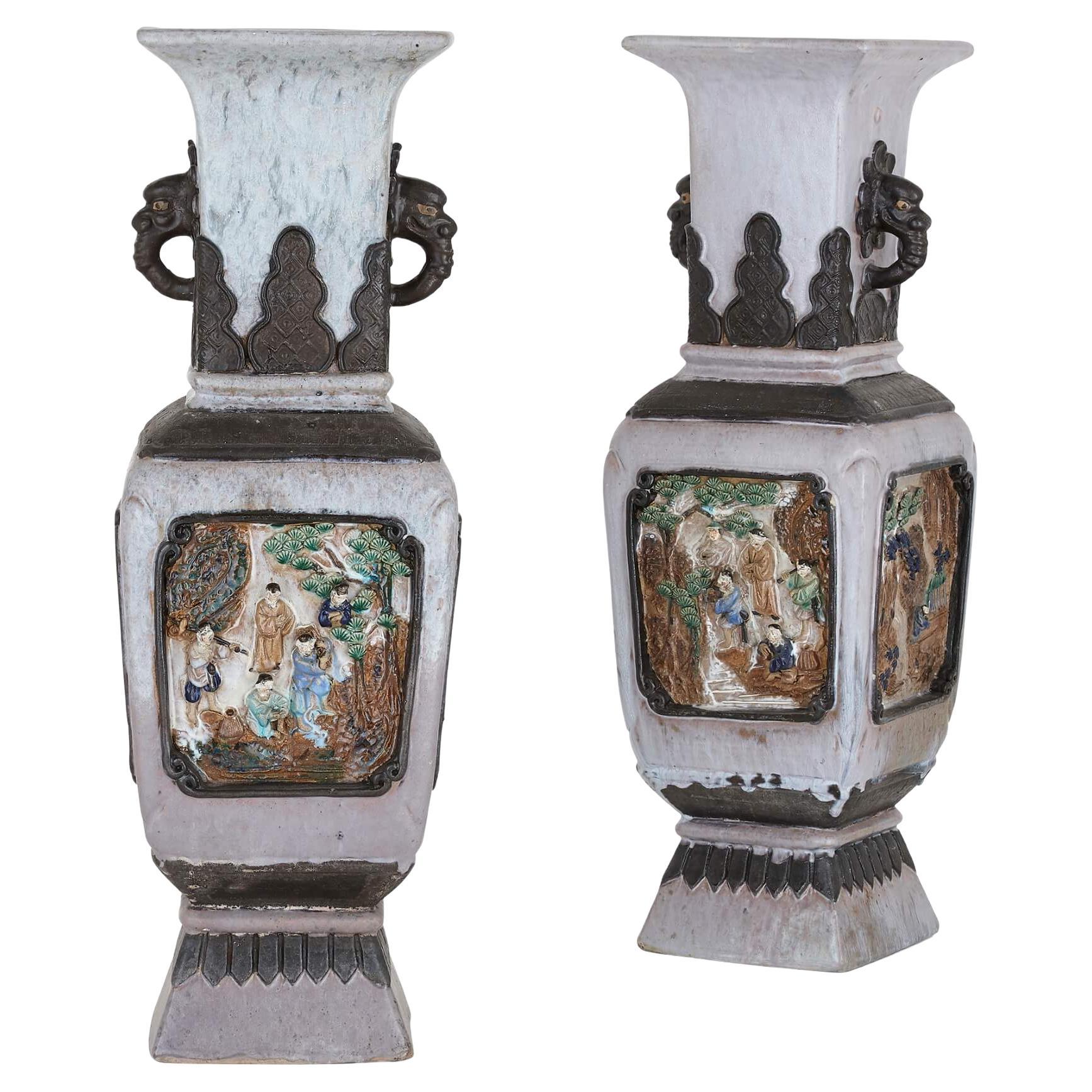 Antique pair of Chinese grey stoneware vases For Sale