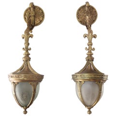 Interesting Pair of Late 19th Century Gilt Bronze Hanging Wall Lanterns