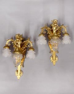 Interesting Pair of Late 19th Century Gilt Bronze Three-Light Dragon Sconces