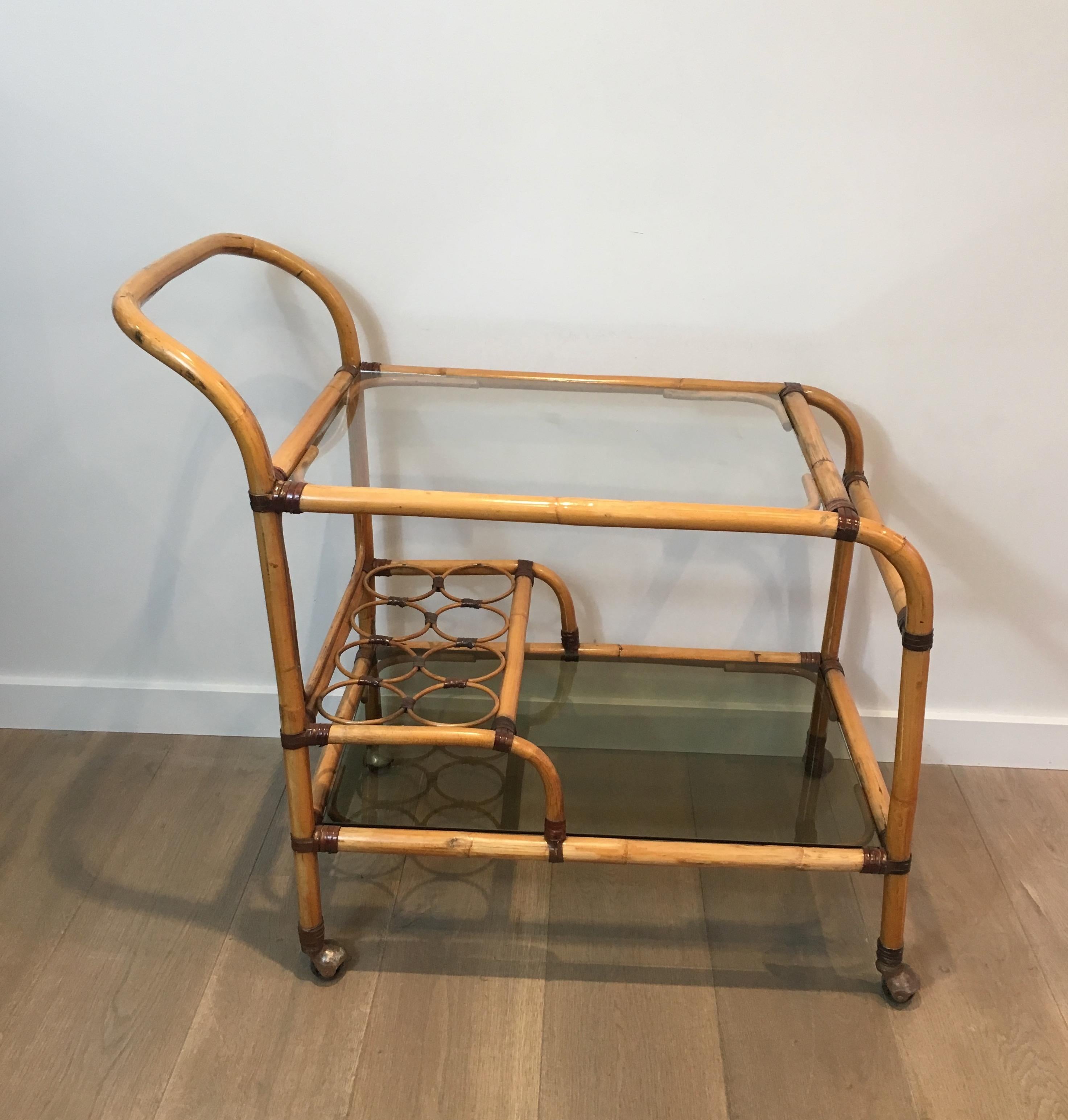 Mid-Century Modern Interesting Rattan Drinks Trolley with Leather Links, French, circa 1950 For Sale