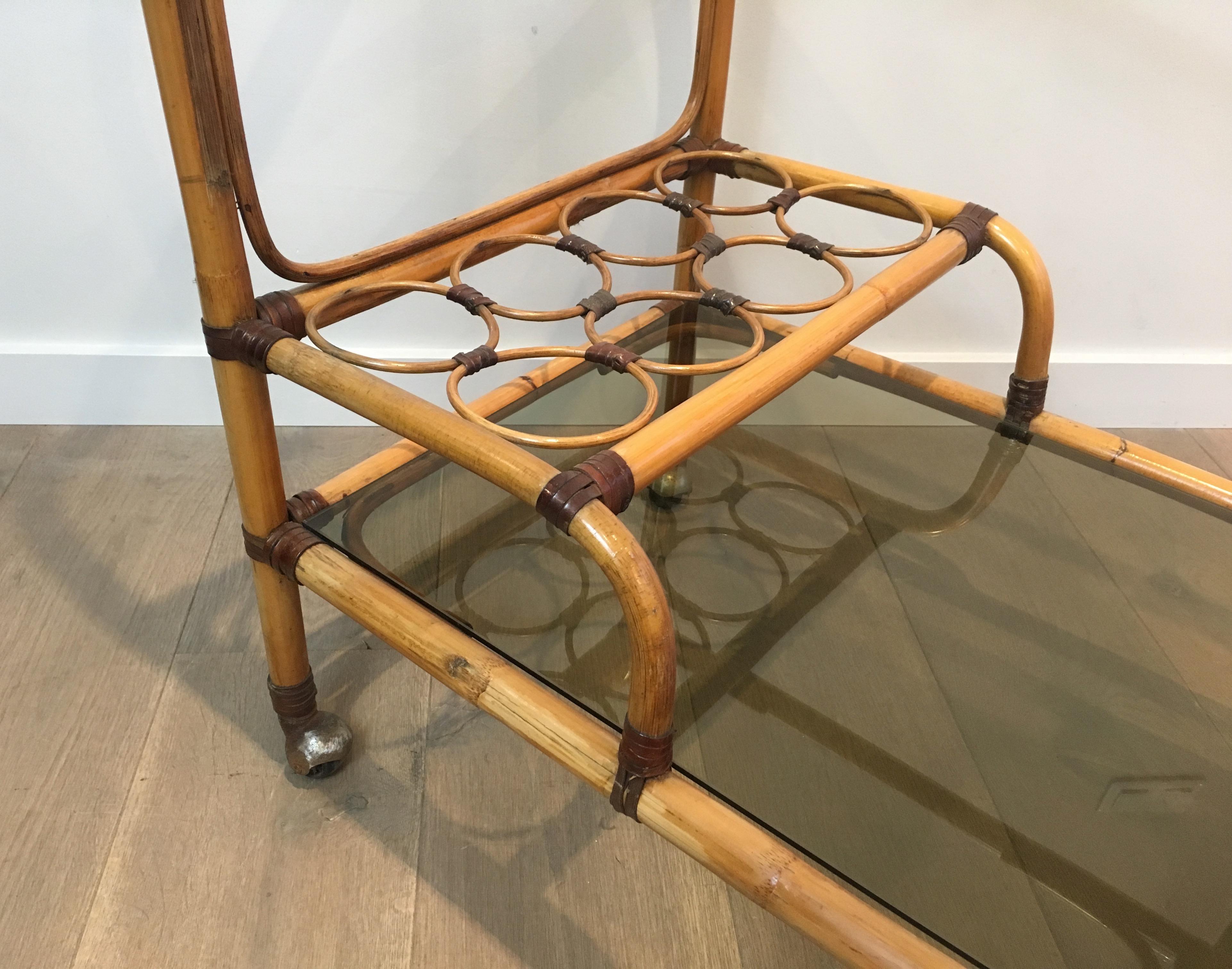 Mid-20th Century Interesting Rattan Drinks Trolley with Leather Links, French, circa 1950 For Sale