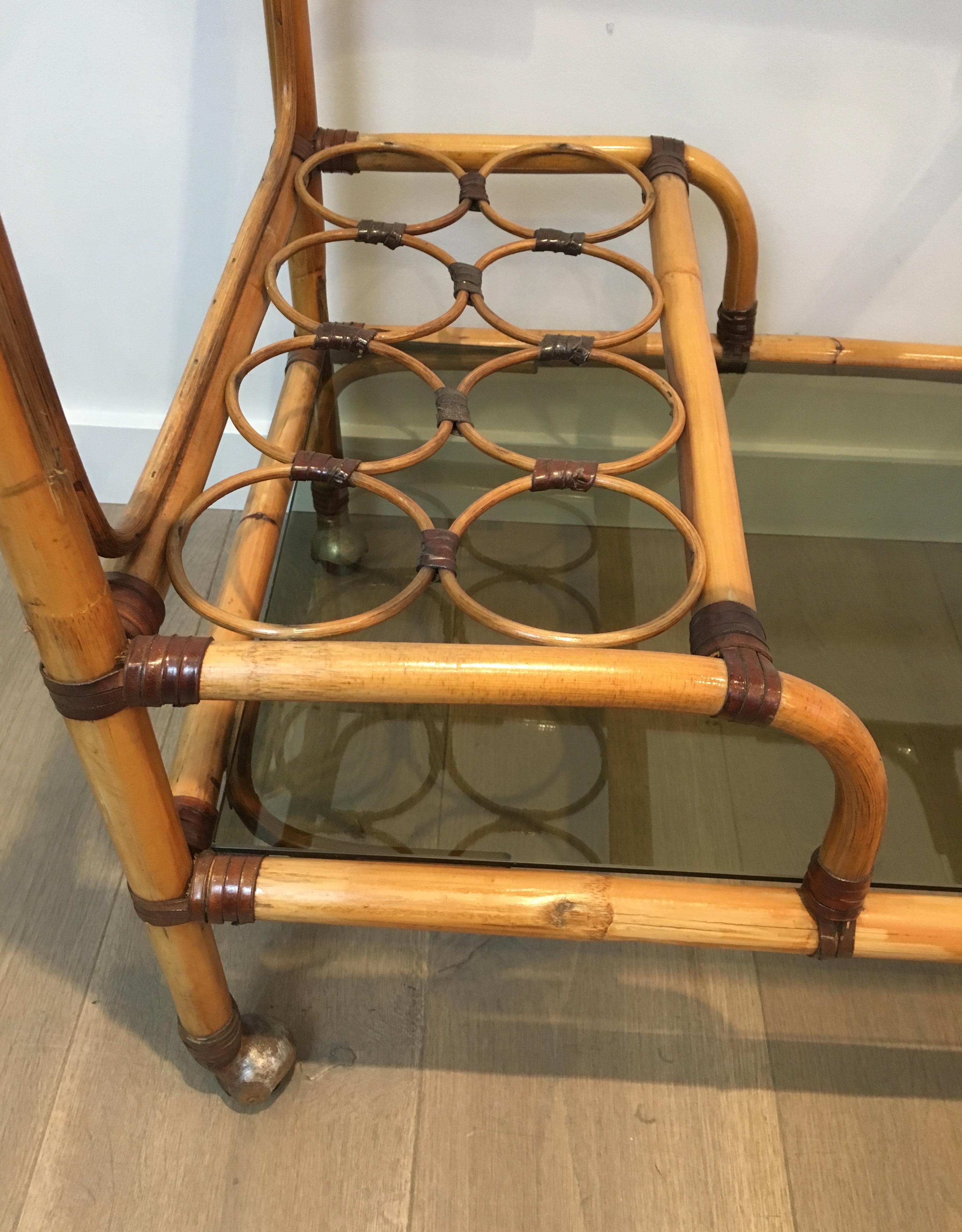 Interesting Rattan Drinks Trolley with Leather Links, French, circa 1950 For Sale 1