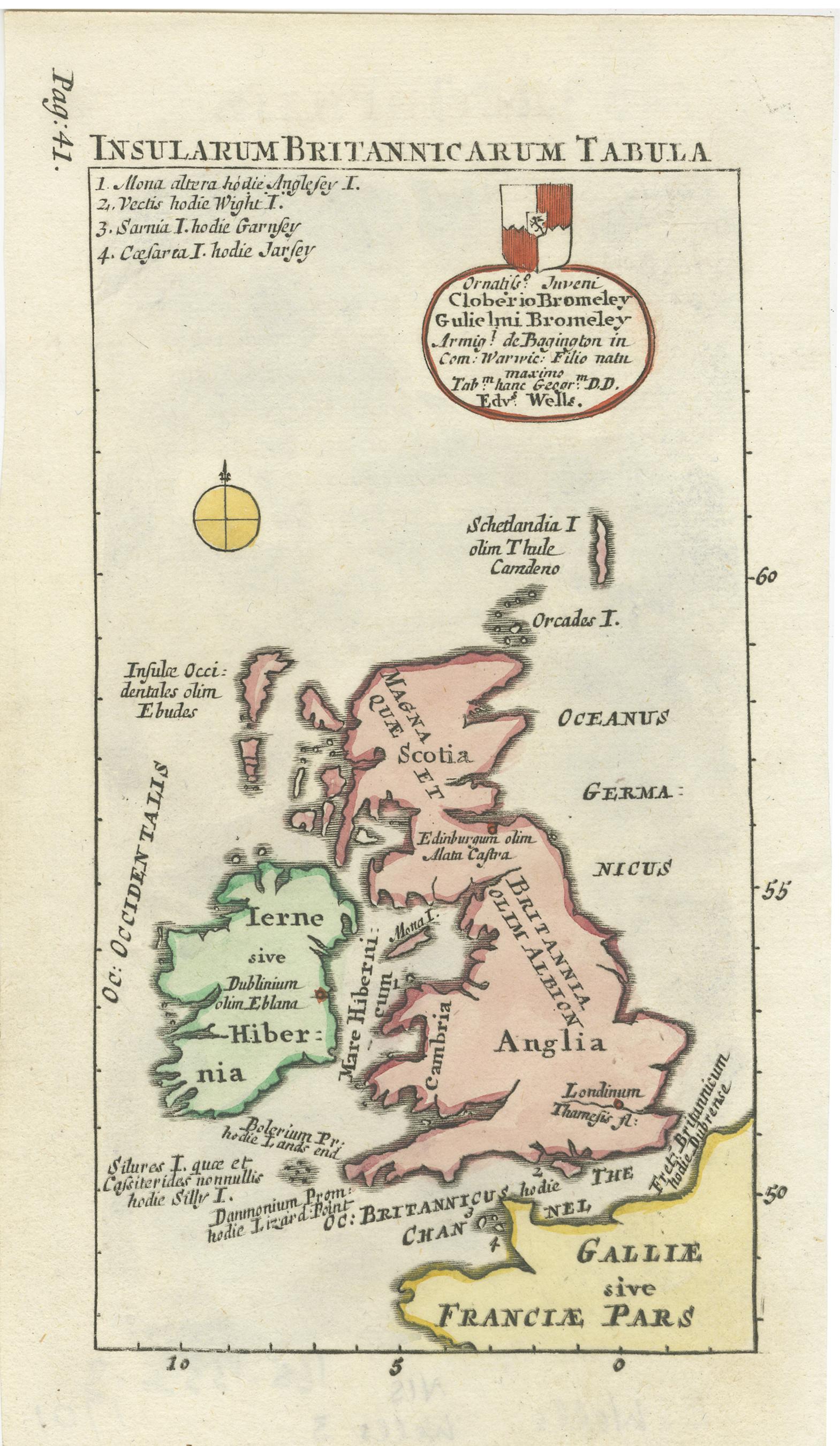 Antique map titled 'Insularum Britannicarum Tabula'. Interesting small map of the British Isles by Wells. This map originates from 'Oikumenes Periegesis, sive, Dionysii Geographia emendata & locupletata' by Edward Wells, published by A. & J.