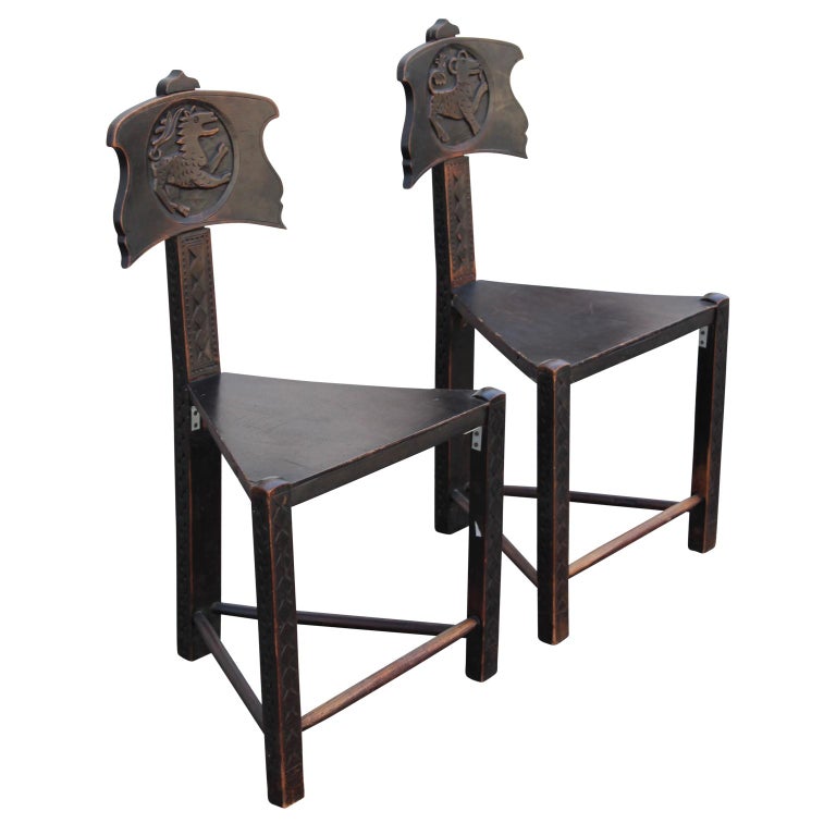 Interesting Unusual Pair of Tri Leg Carved Dark Brown Wood Lion Ram ...