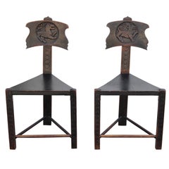 Interesting Unusual Pair of Tri Leg Carved Dark Brown Wood Lion Ram Chairs