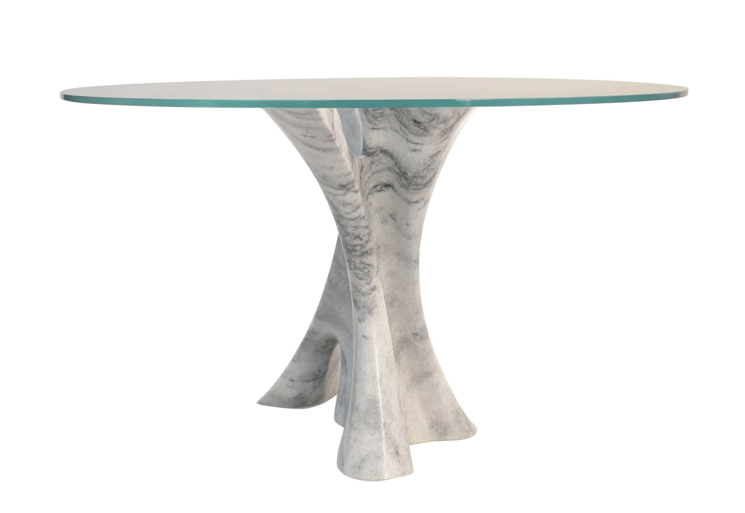 Other Interface carved solid marble block dining table with glass top. For Sale