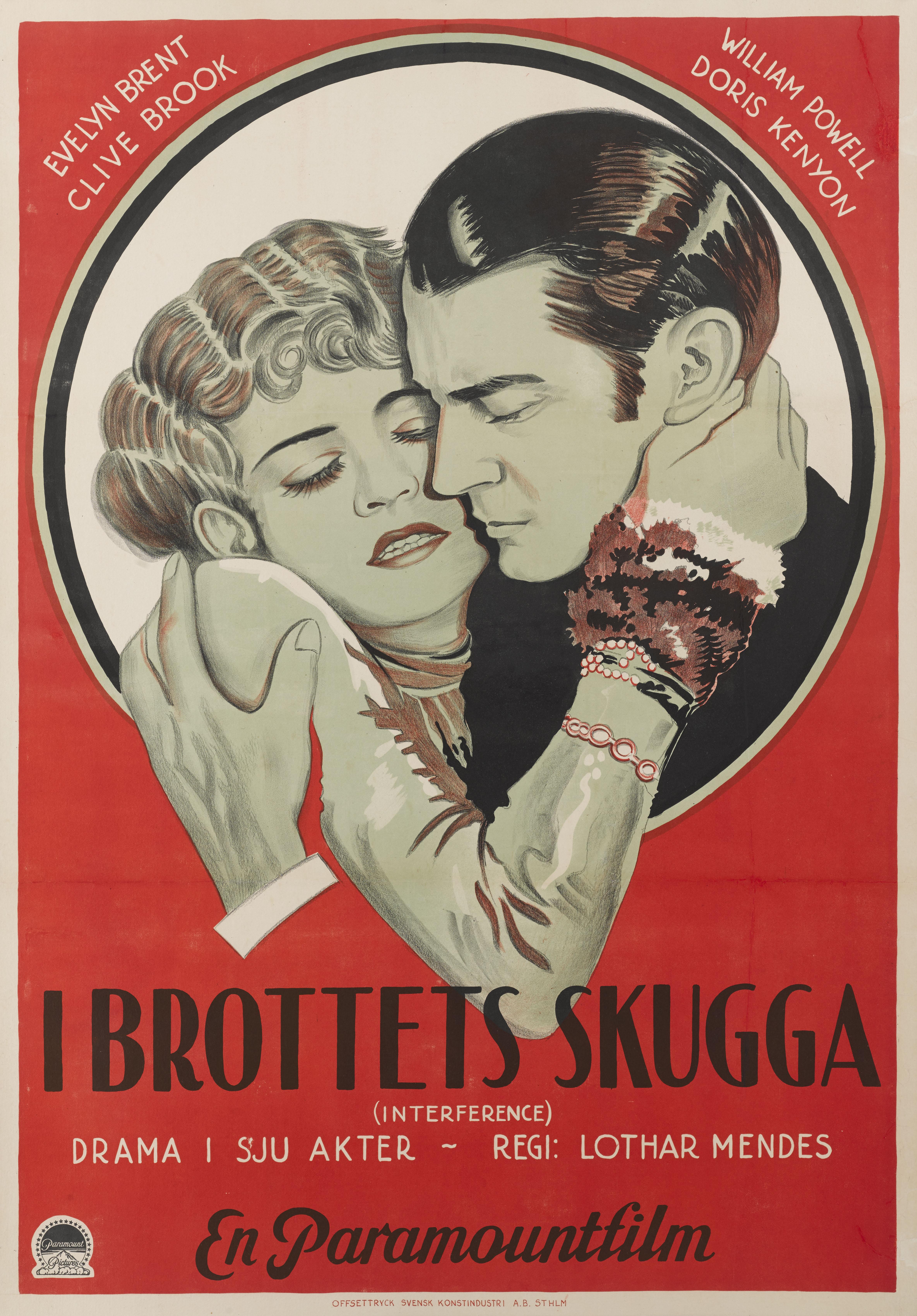 Original Swedish film poster for the 1928 American drama film Interference.
The film was directed by Lothar Mendes and Roy Pomeroy and starred William Powell, Evelyn Brent and Clive Brook
This Swedish poster was created for the films first Swedish