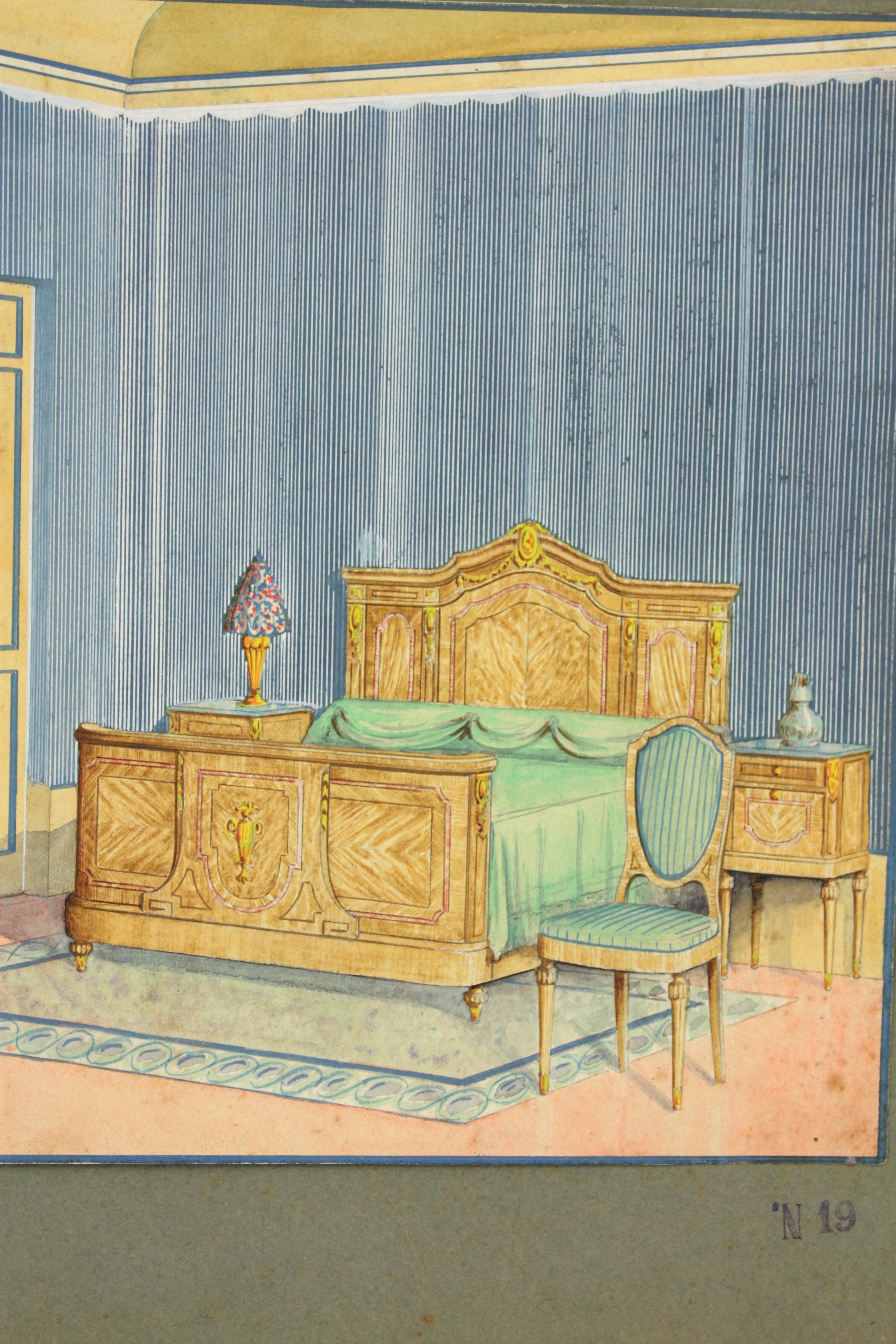 Spanish classical bedroom indoor home scene. Original watercolor, ink and gouache drawing on vellum paper, Project for a home decoration. Cabinet maker archives stamp at the bottom part: 'J. Anguera. Carpintería. Barcelona' Number 19.
Individual