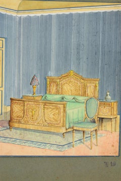 Scena interna di camera da letto Disegno originale ad acquerello, inchiostro e guazzo, Spagna, anni '30