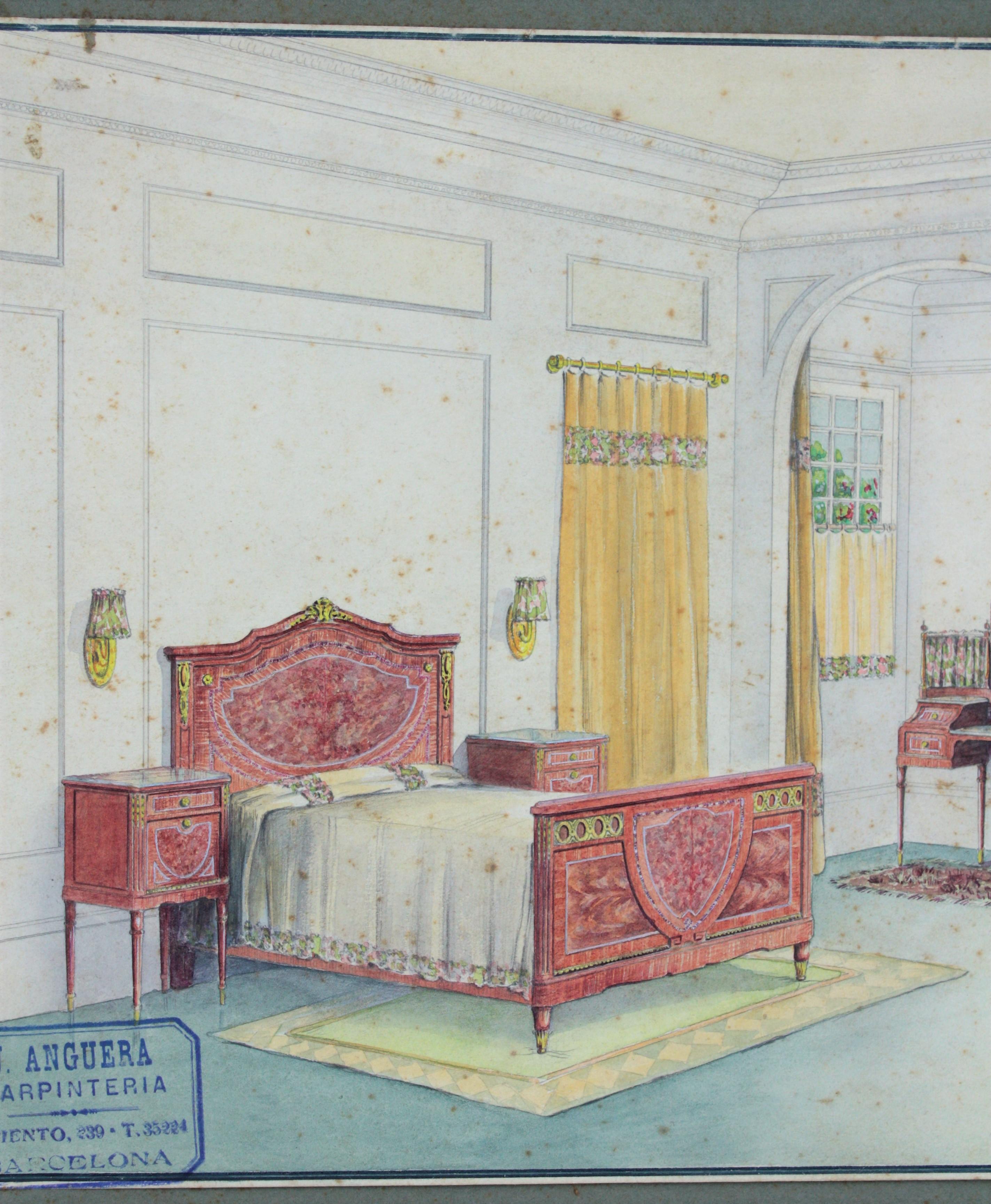 Spanish neoclassical style bedroom indoor home scene. Original watercolor, ink and gouache drawing on vellum paper, project for a home decoration. Cabinet maker archives stamp bottom Lef: 'J. Anguera. Carpintería. Barcelona' Number 16.
Individual