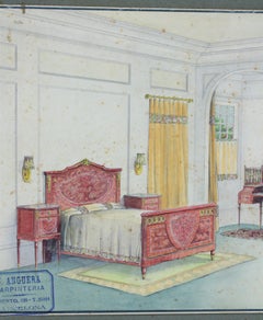 Scena interna di camera da letto Disegno originale ad acquerello, inchiostro e guazzo Spagna, anni '30