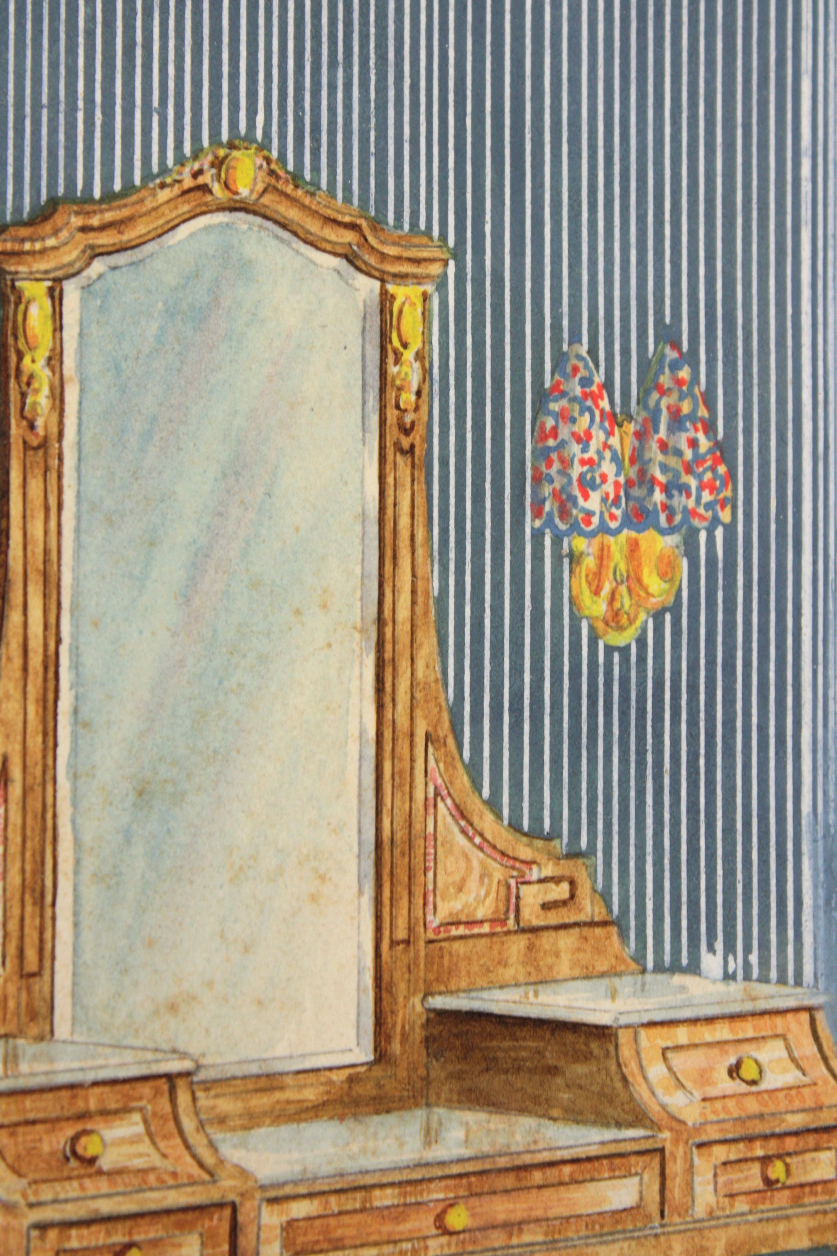 Interior Bedroom Scene Original Watercolor, Ink and Gouache Drawing, Spain 1930s In Good Condition For Sale In Barcelona, ES