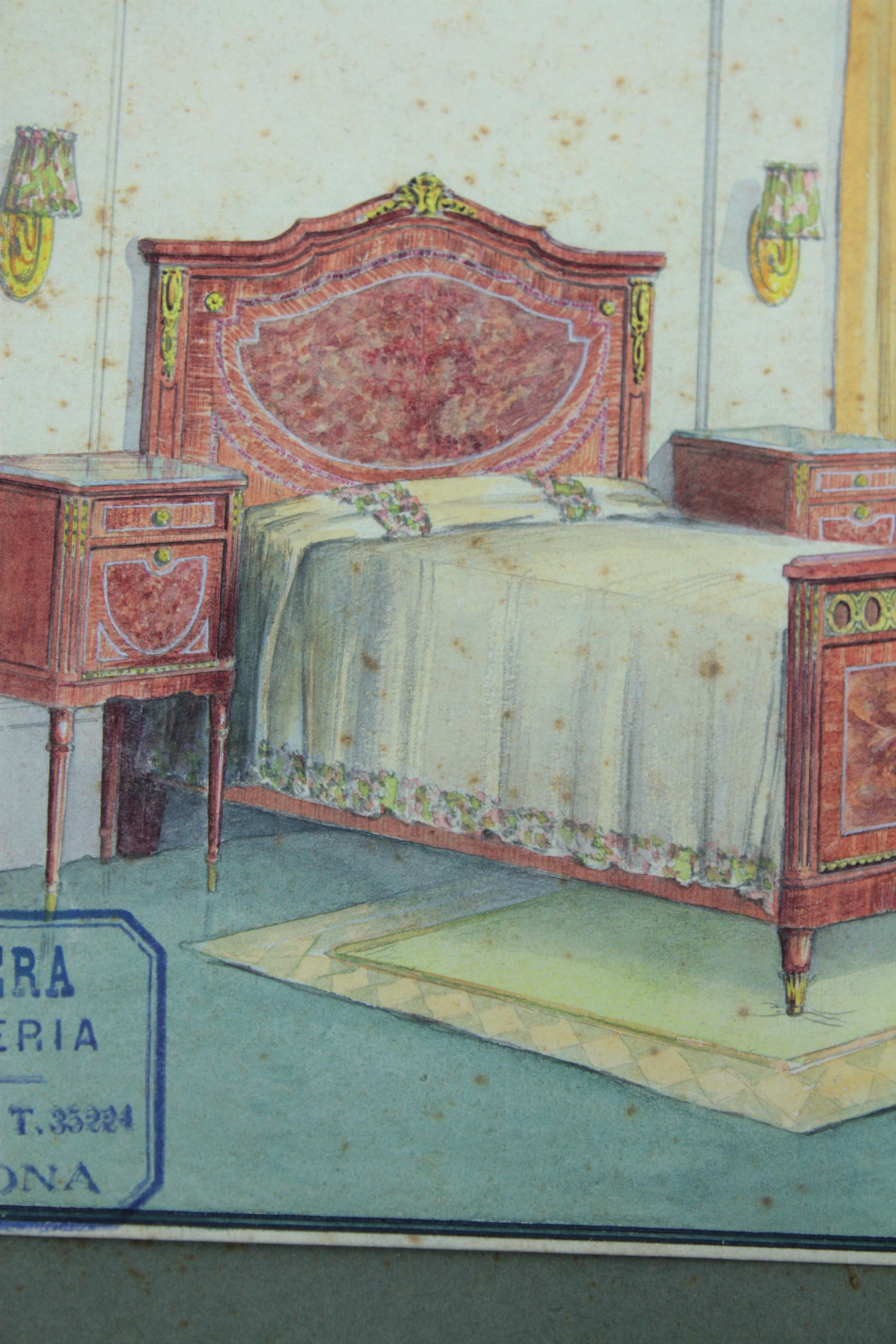 Spanish Interior Bedroom Scene Original Watercolor, Ink and Gouache Drawing Spain, 1930s For Sale