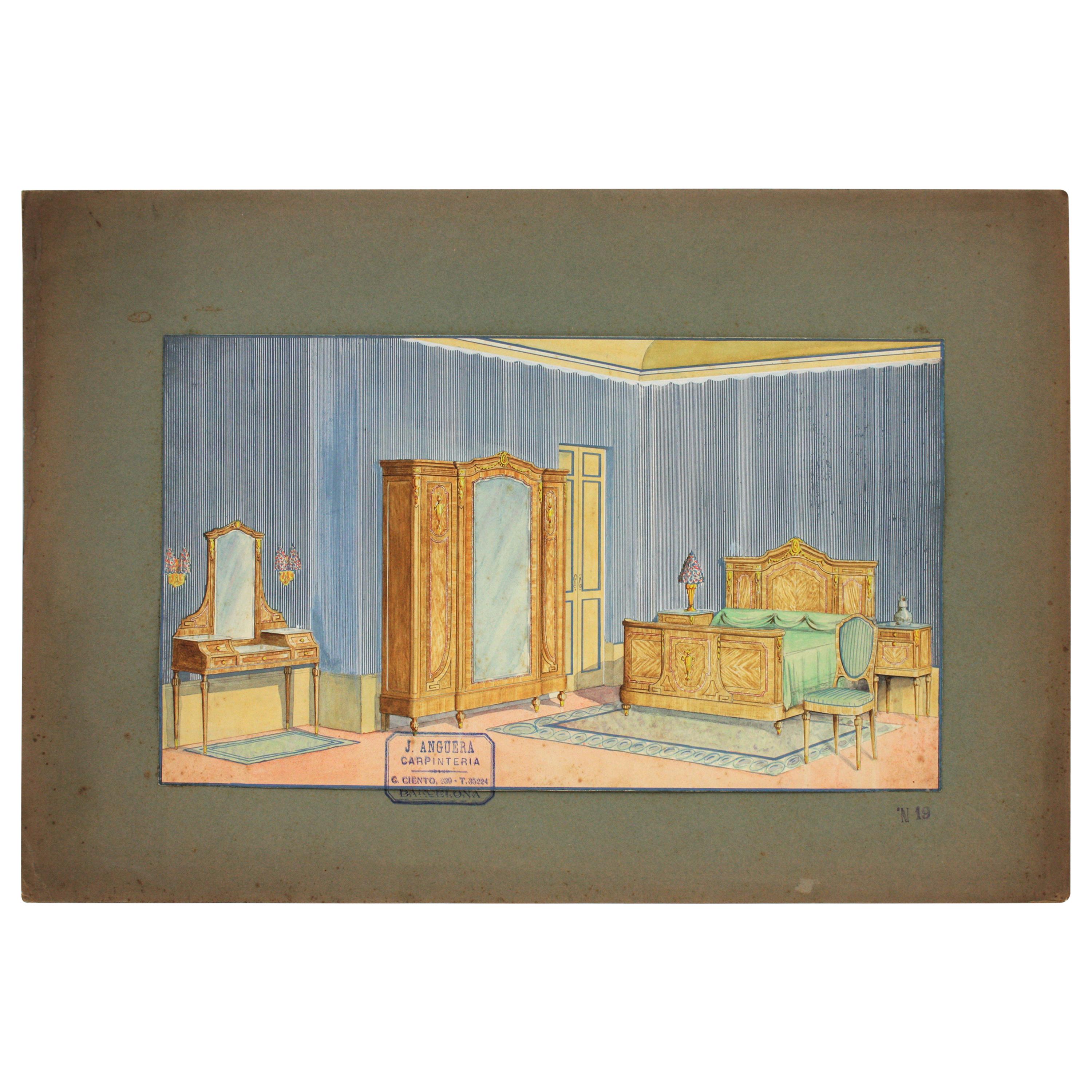 Inneneinrichtung Schlafzimmerszene, Original Aquarell, Tusche und Gouache Zeichnung, Spanien 1930er Jahre
