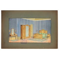 Aquarelle d'origine d'une scène de chambre à coucher intérieure, dessin à l'encre et à la gouache, Espagne, années 1930